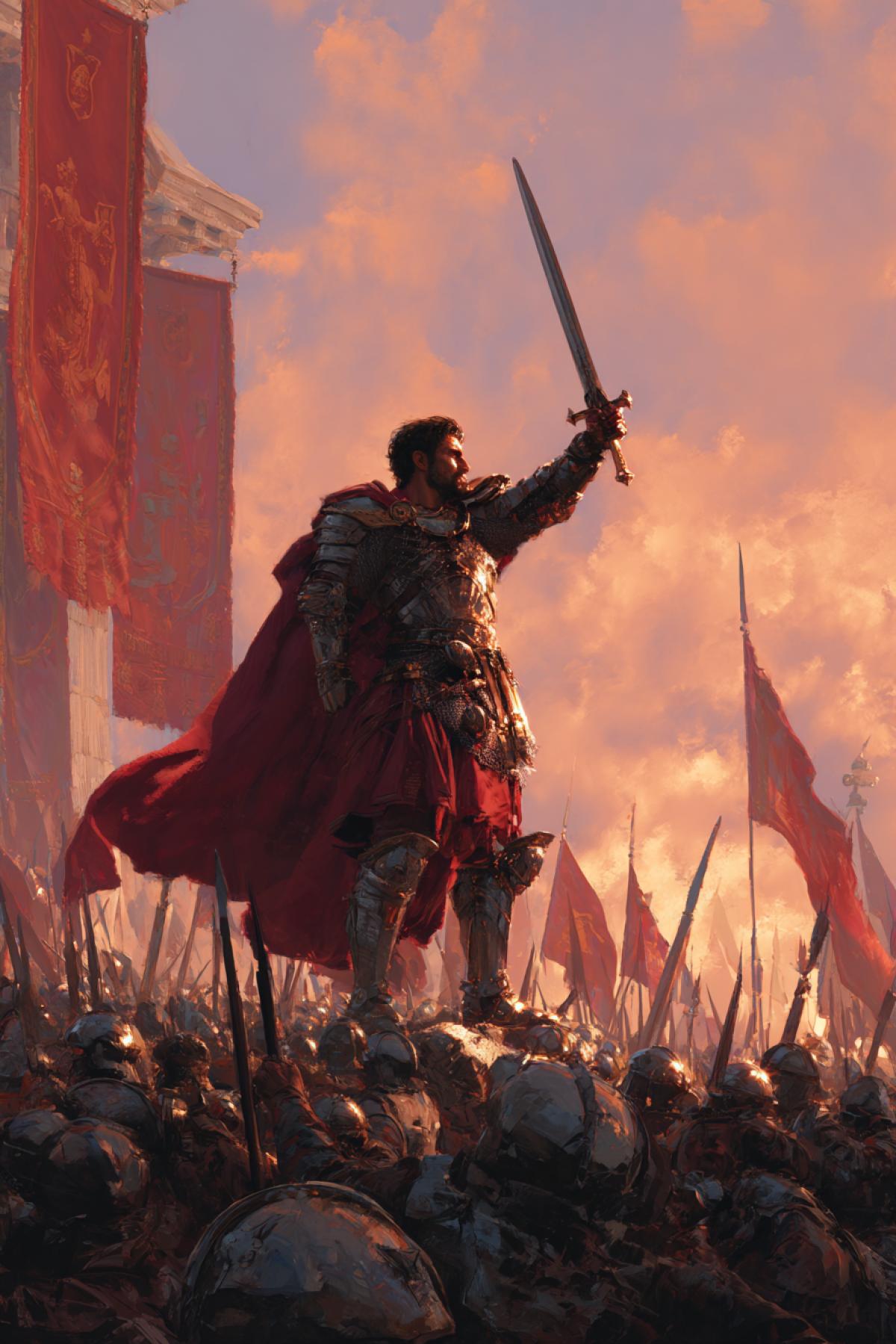 The mighty king in shining armor stands on a high marble platform, turning to thousands of devoted warriors. His cloak flutters in the wind, and in his raised arm a sparkling sword, reflecting the sunset sun. Behind him is a victorious banner with emblems, underfoot stretched standards of a defeated enemy. The faces of the soldiers are illuminated by determination, an atmosphere of unshakable power is in the air. Style Epic Historical Painting, detailed armor, dynamic shadows, 16k, the effect of cinematographic greatness