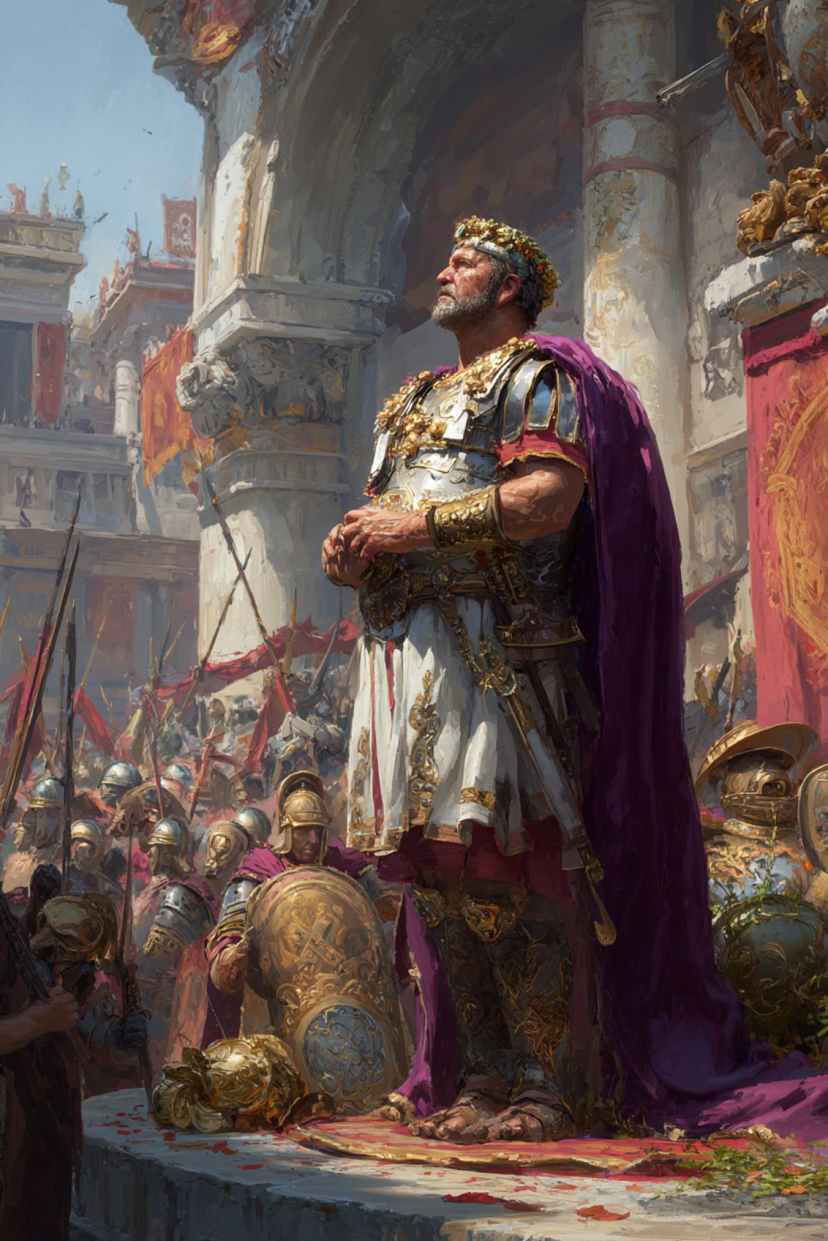 The magnificent Roman emperor in the purple toga and a laurel wreath stands on the podium before the legion vehicles built. Behind trophies of conquered lands: gold statues, weapons of defeated peoples and constrained captives. The rays of the sun, breaking through marble columns, illuminate the faces of the devoted centurions who raised swords in the salute. In the distance, sacrificial altars are stirring, foreshadowing new victories. The style of \"Historical hyperrealism with the details of the Standards woven by gold, 16k, the atmosphere of absolute power and glory