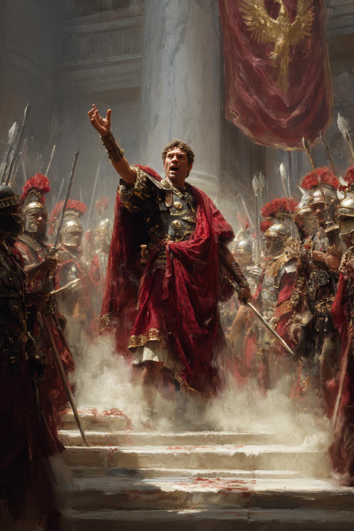 Roman Emperor in crimson cloak gesturing ately toward the camera, his mouth open mid-speech. Rows of legionaries in the foreground raise gladius swords in salute (only 3-5 soldiers fully visible, the rest blurred). Dust swirls around marble steps, golden eagle standard swaying dramatically. Ultra-detailed 8K, style of historic fresco with cinematic lighting