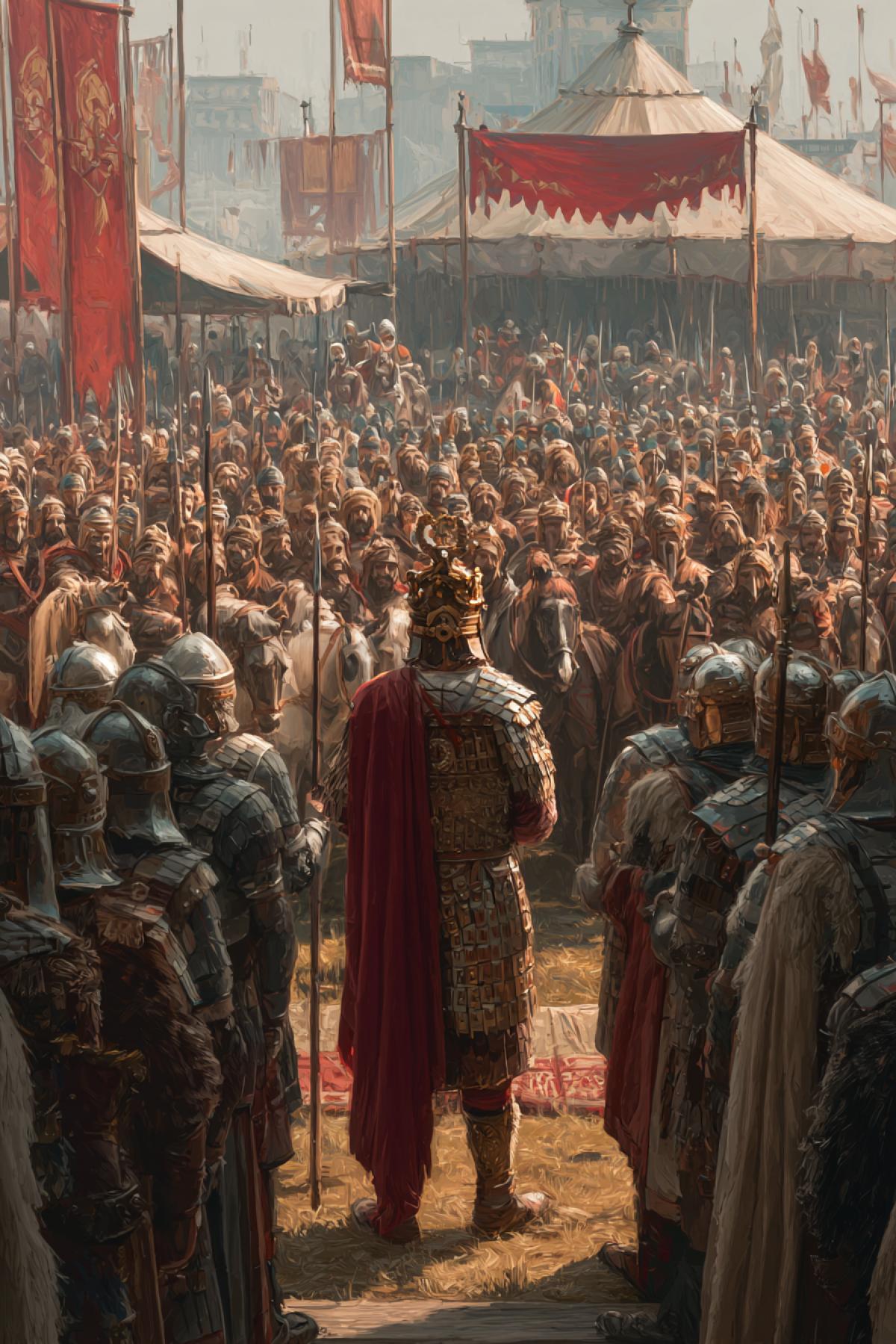 The ruler of the Dictarine appears in front of the army, standing at the foot of the rostrum