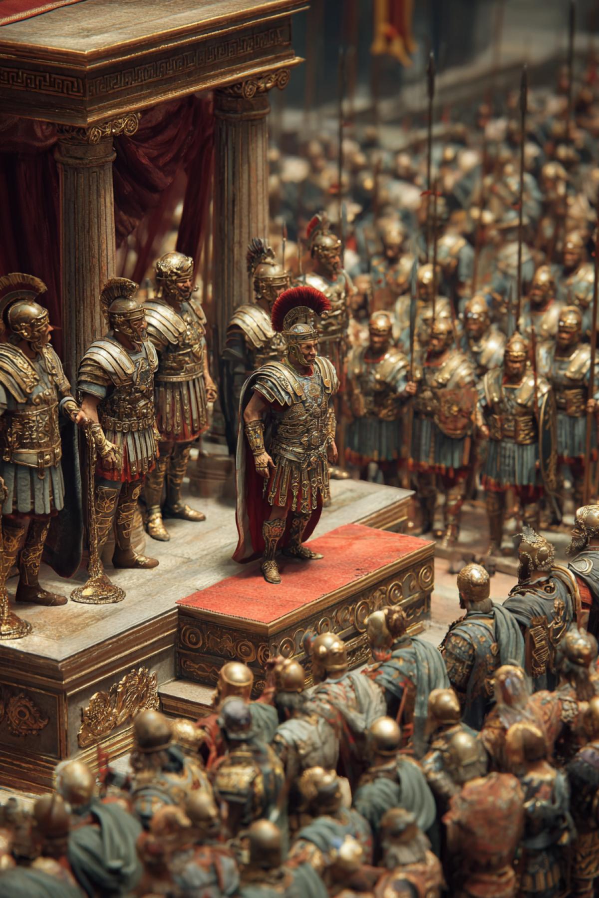 The ruler of the Dictarine appears in front of the army, standing at the foot of the rostrum