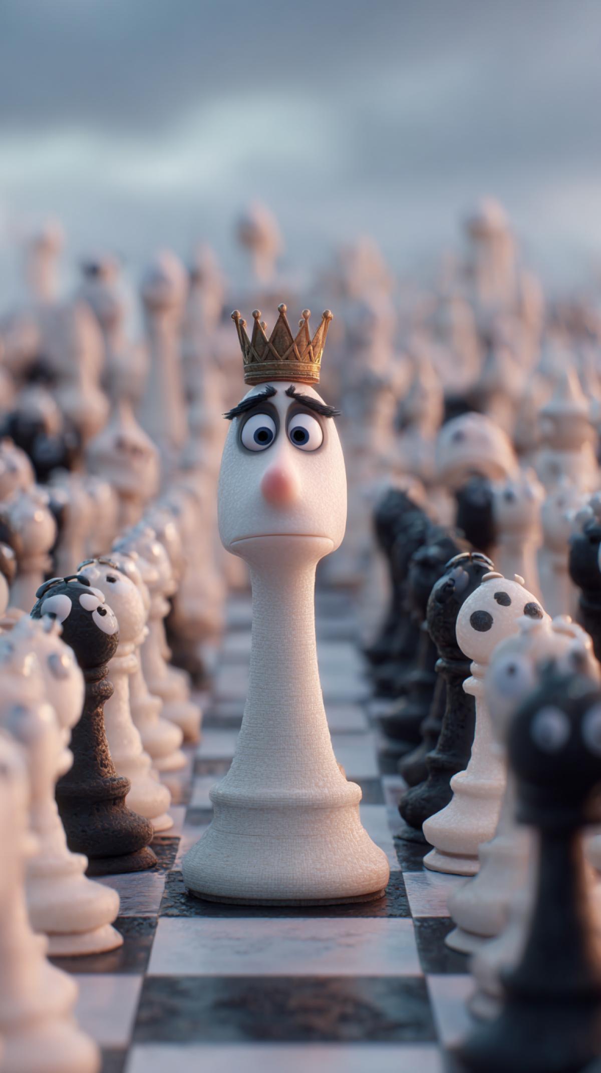 The chess king appears in front of his chess army, Pixar