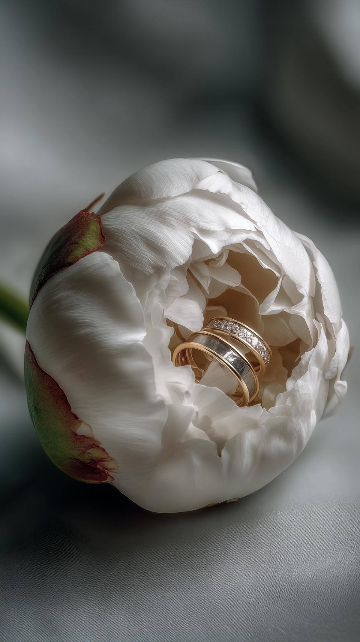 A hyper-realistic 8K studio photograph of a dense, ly packed white peony bud. resting on a smooth, soft gray surface. Hidden between the intricate folds of the outer. petals are a pair of delicate wedding rings, luxuryly visible through the natural gaps in. the flowers structure. The petals gently wrap around the rings, creating a sense of. openness and elegance. Soft, diffused studio lighting creates a uniform illumination of the entire scene,. and the faint glow coming from the rings emphasizes their shine. The com4k. is clean, refined, and calm, with an emphasis on texture, luxury, and visual harmony. Ultra-precise. focus, no distractions in the background, and the aesthetics of a high-end product photo.