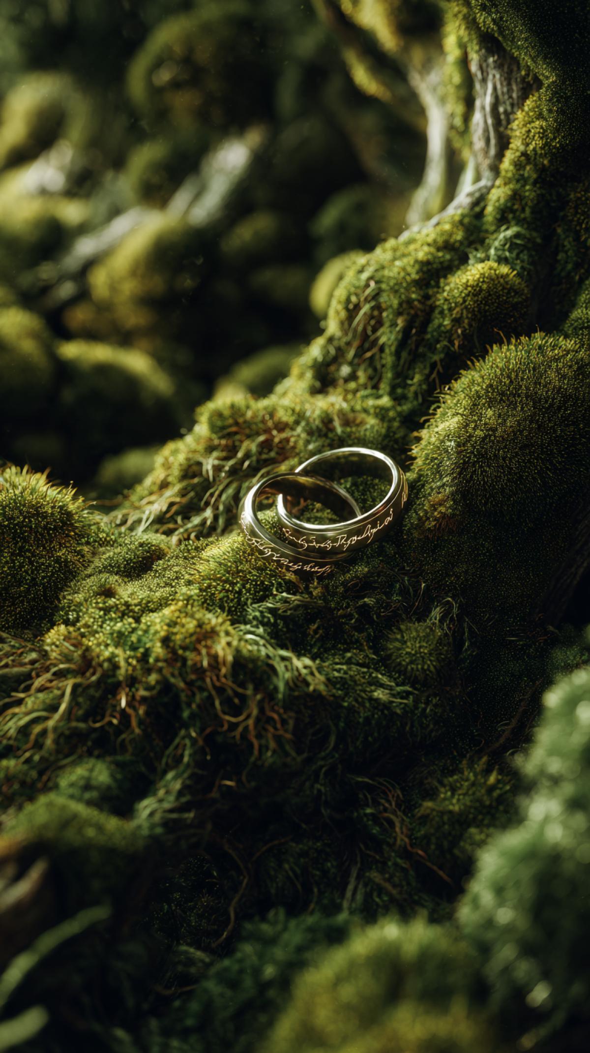 A hyper-realistic 8K studio photo of green moss. A pair of wedding rings in the style of the One Ring of Power, inspired by the Lord of the Rings movie, are hidden between the intricate folds of the moss. The faint glow emanating from the rings enhances their brilliance. The com4k is elegant and serene, with a focus on texture, luxury, and visual harmony. The ultra-precise focus, the hobbit village in the background, and the high-end product photography aesthetic create a visual experience.