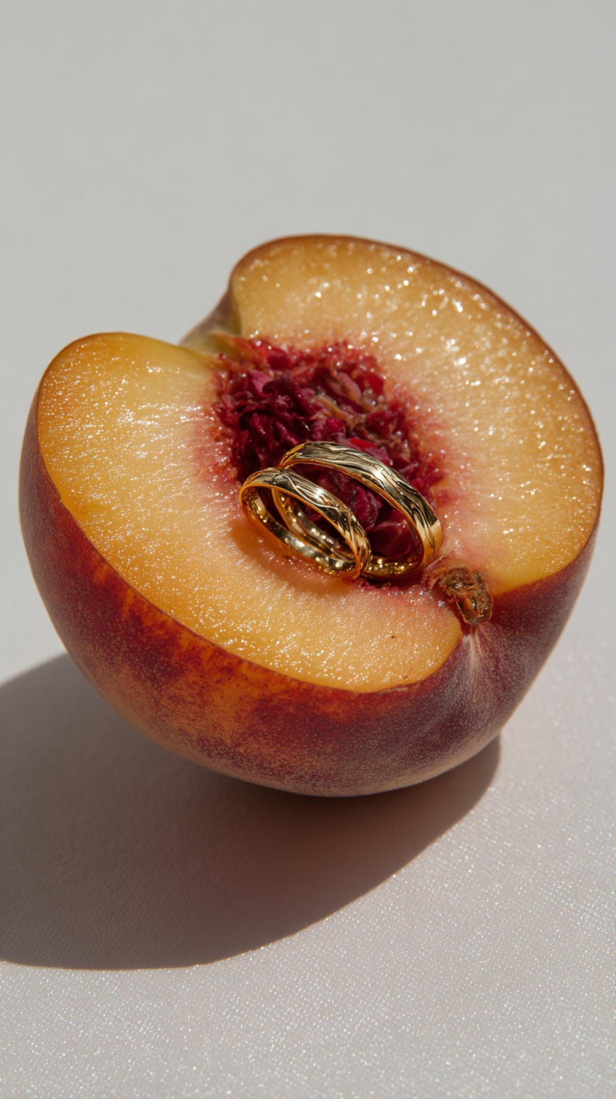 Close-up of an open peach on a white background. Inside the fruit, there are a pair of wedding rings placed on top of it. . The gold rings, inspired by Hollywood photography, have a high level of contrast to create a hyperrealistic effect in the style of David Newtonson.