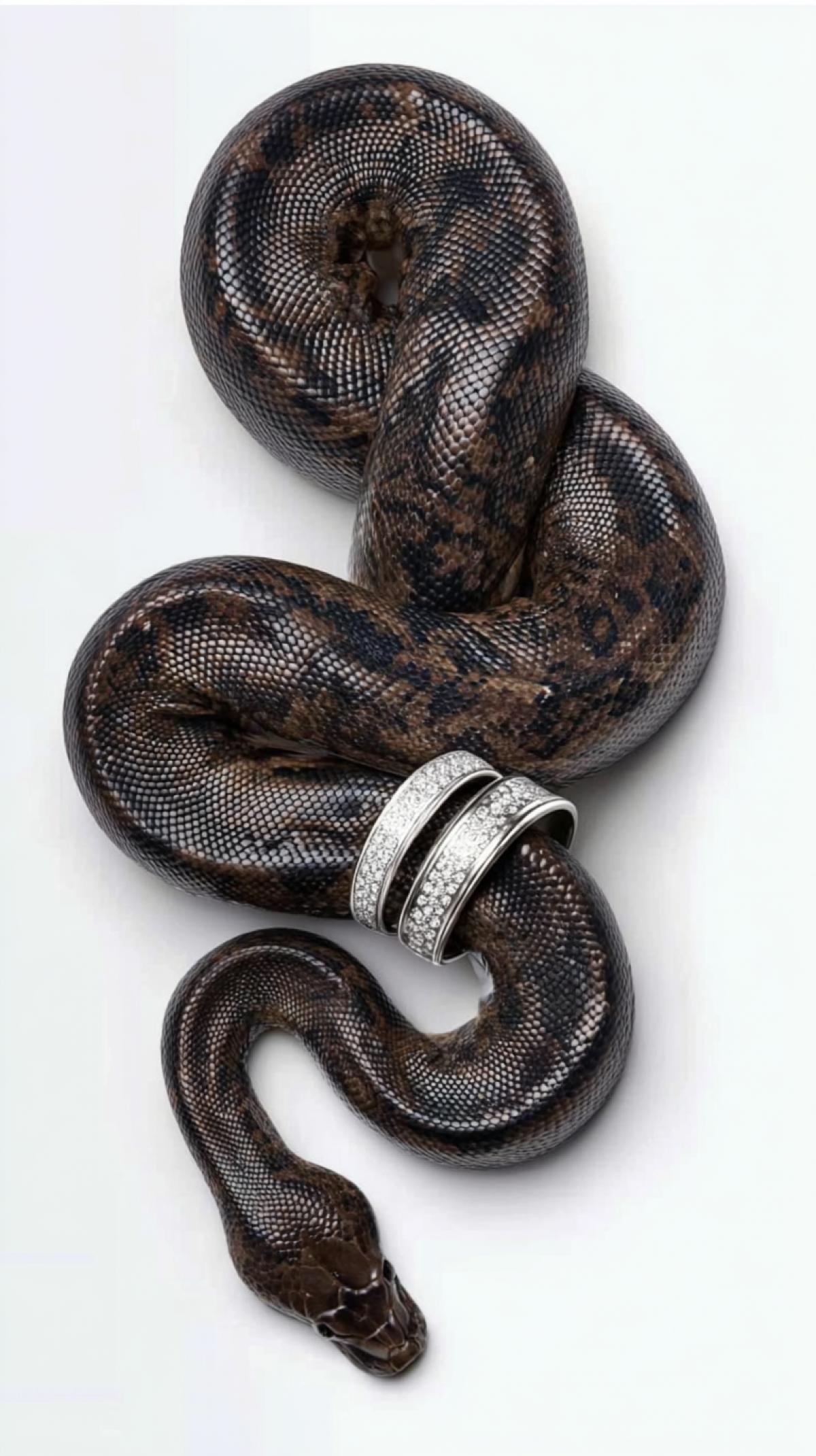 an ultra-realistic photo of a dark snake (python or boa) coiled on a white background.. The snake has smooth, dark, shiny scales and is elegantly wrapped, forming natural curves. . Two luxurious silver wedding rings are placed on its thick belly. The jewelry is highly detailed, polished, and shiny, fitting ly around the snakes . The image is taken. directly from above. The background should be solid, white, with no textures, patterns, or shadows
