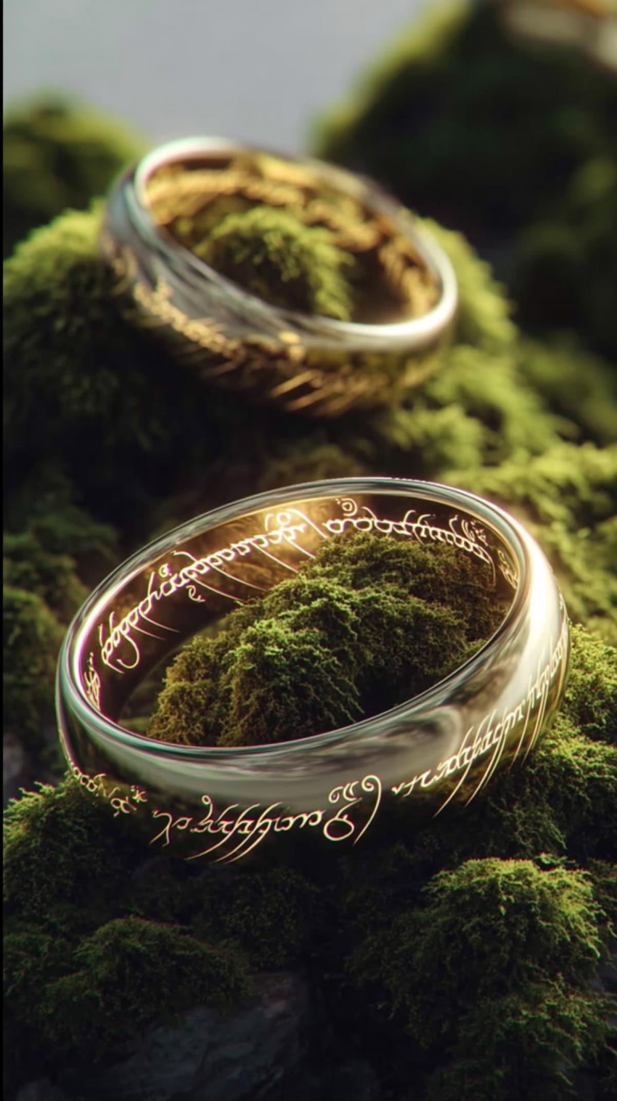 A hyper-realistic 8K studio photo of green moss. A pair of wedding rings in the style of the One Ring of Power, inspired by the Lord of the Rings movie, are hidden between the intricate folds of the moss. The faint glow emanating from the rings enhances their brilliance. The com4k is elegant and serene, with a focus on texture, luxury, and visual harmony. The ultra-precise focus, the hobbit village in the background, and the high-end product photography aesthetic create a visual experience.