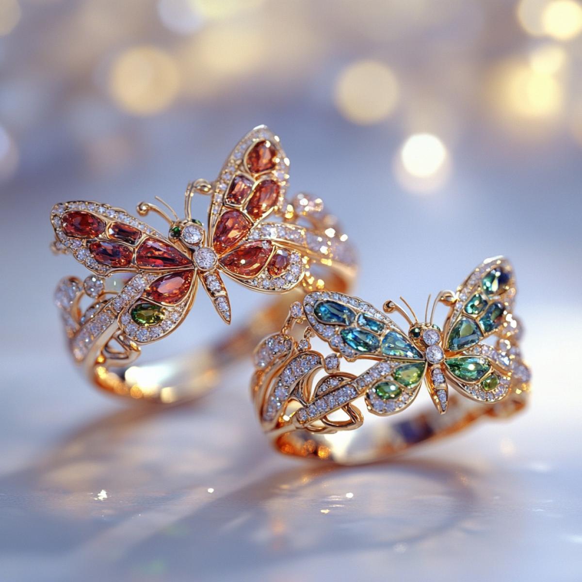Fantasy, magic, two delicate rings of one with a butterfly, the second with a dragonfly, are made of hawste gems and precious metals with curls and causes a feeling of spring and lightness. Each stone is perfectly selected to another to create a unity that emphasizes the beauty of the airiness of a butterfly and dragonflies, gold and white glare, sparks, a cosmic background