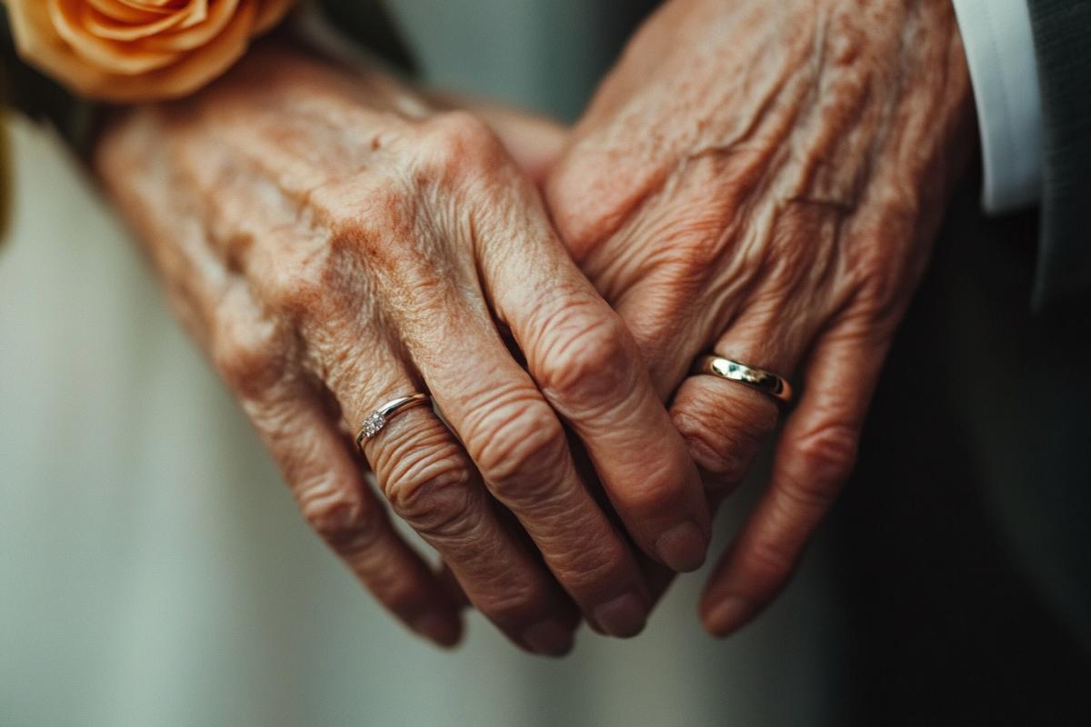 Close-up of an elderly couples hands holding each other, weathered skin, deep wrinkles, and prominent veins. Simple, scratched wedding bands, worn over time, resting gently on their fingers. Soft, warm lighting with a shallow depth of field, evoking nostalgia and enduring love. Highly detailed, cinematic, emotional, 4k, timeless. Shot on a vintage film camera with a slight grain, muted earthy tones, and a painterly quality.