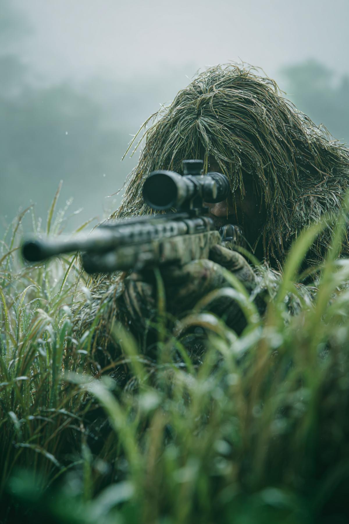 A lone sniper in a ghillie suit, perfectly camouflaged in a field of tall grass. Only the barrel of the rifle is visible, aimed at an unseen target. Morning fog swirls around, creating an eerie atmosphere. Hyper-realistic 8K, shallow depth of field, style of military photography with muted green/brown color grading