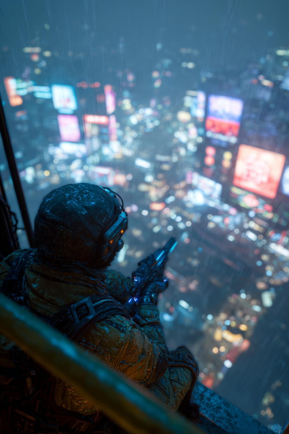 A futuristic cyber-sniper perched on a neon-lit rooftop, his visor displaying targeting data. The city below is blurred, but his rifles energy coil glows bright blue. Rain streaks across the scene, reflecting holographic billboards. 12K sci-fi realism, ‘Deus Ex’ meets ‘Blade Runner