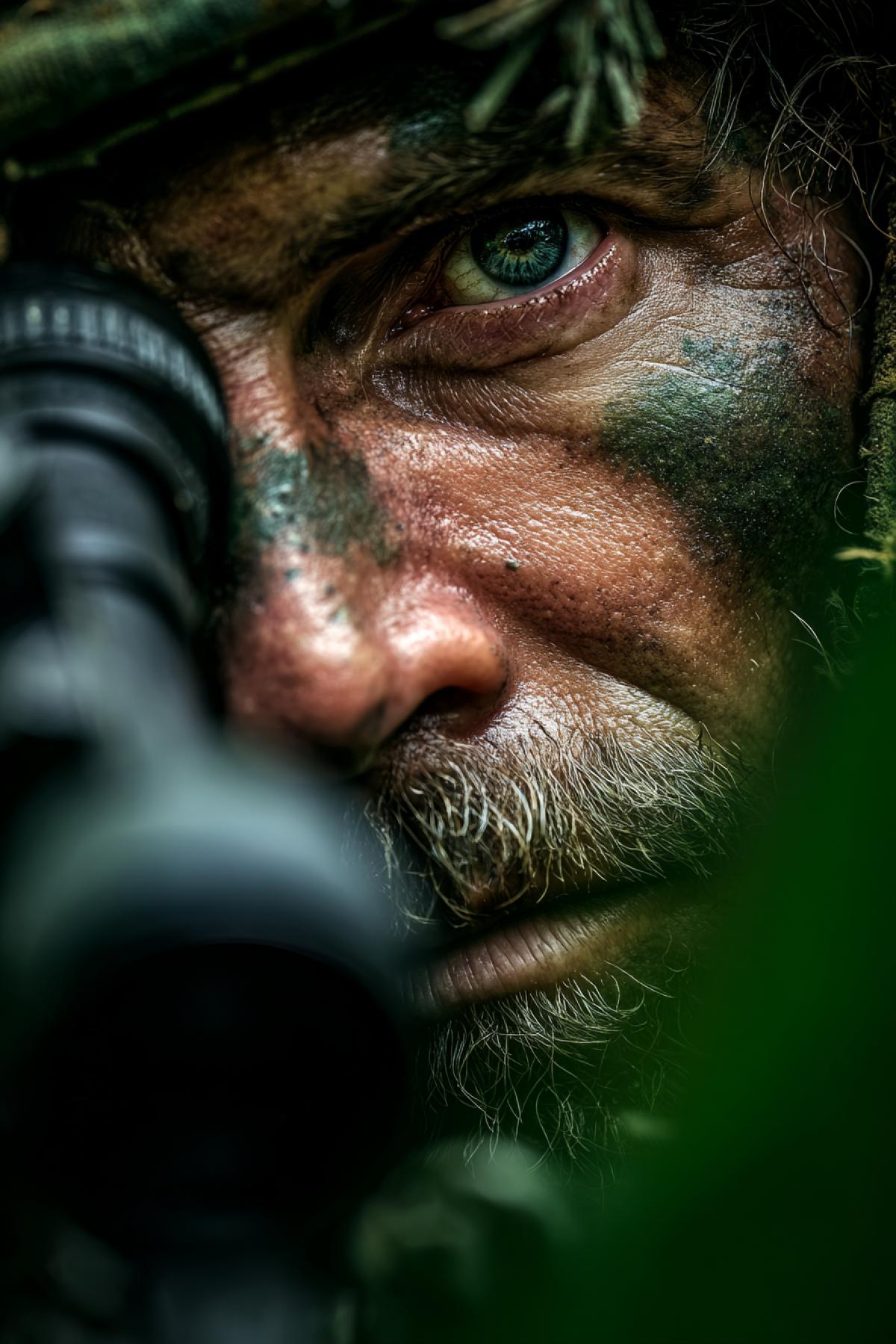 A grizzled sniper in Vietnam-era fatigues, face painted in camouflage, peering through a vintage scope. Sunlight filters through jungle leaves, casting shadows on his weathered face. Only his eye and rifle are sharply focused, the rest softly blurred. 8K, war photography style, muted greens and browns