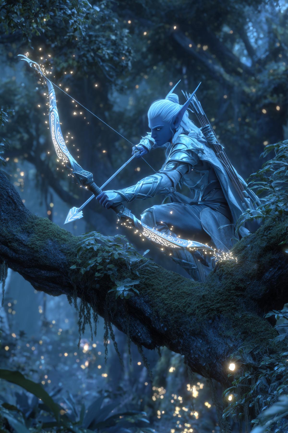 An elven archer in silver-blue armor, poised on a moss-covered tree branch. His glowing bowstring is drawn back, illuminating his sharp facial features and pointed ears. Magical fireflies swirl around the arrowhead, charged with ancient runes. The background is a dreamy twilight forest with bioluminescent plants. 12K fantasy realism, style of Warcraft concept art, ethereal lighting