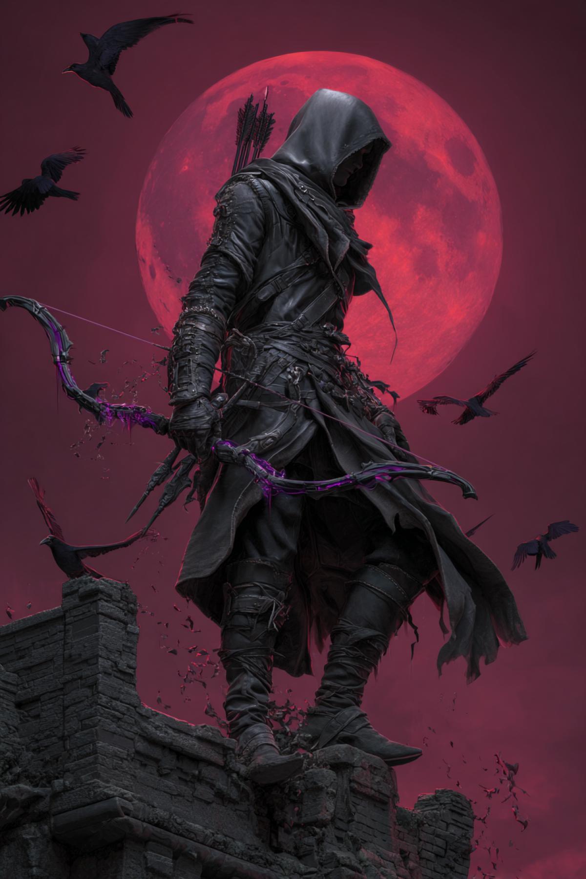 A shadowy rogue archer clad in dark leather, standing atop a ruined castle battlement. His corrupted arrows drip with purple void energy, and his hood hides all but a sinister smirk. Behind him a red liquid-red moon, crows taking flight. 8K dark fantasy, style of Dark Souls meets Elden Ring, highly detailed cloth physics
