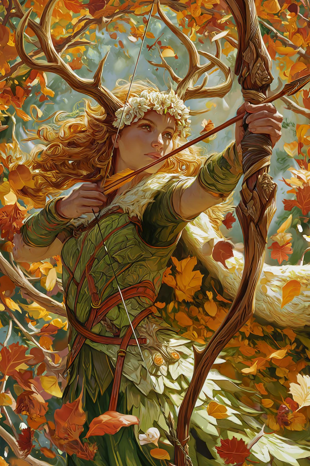A druidic archer with antlered headdress, drawing back a living wooden bow. Sunlight filters through autumn leaves, casting golden patterns on her leaf-woven cloak. The arrow is a spiraling vine, blooming with flowers mid-flight. Ultra-detailed 16K, Magic: The Gathering card art style, vibrant colors