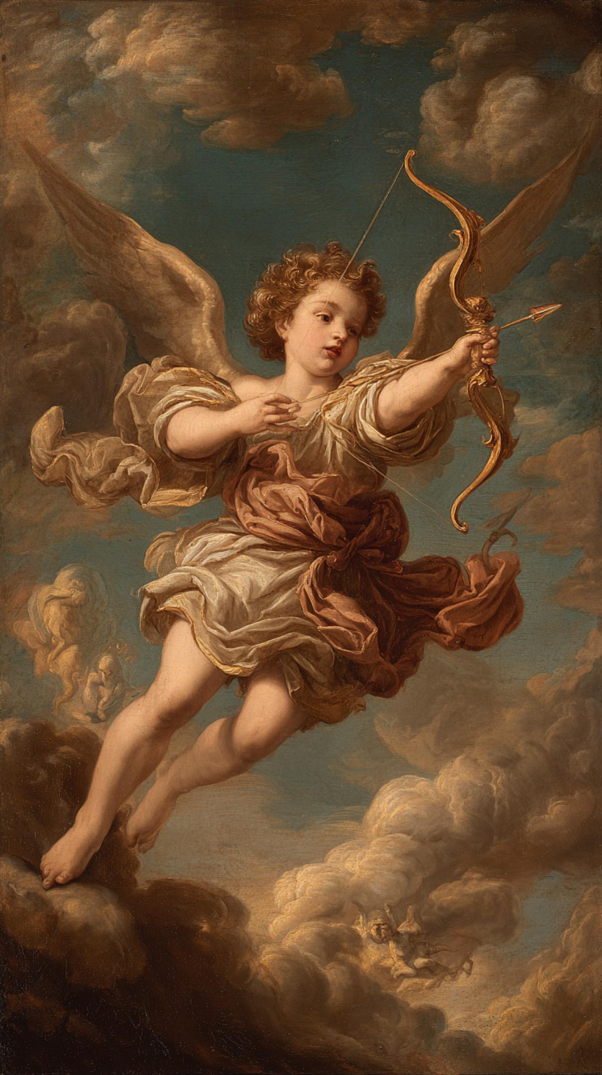 Cupid in the clouds, with a bow and arrow, Baroque