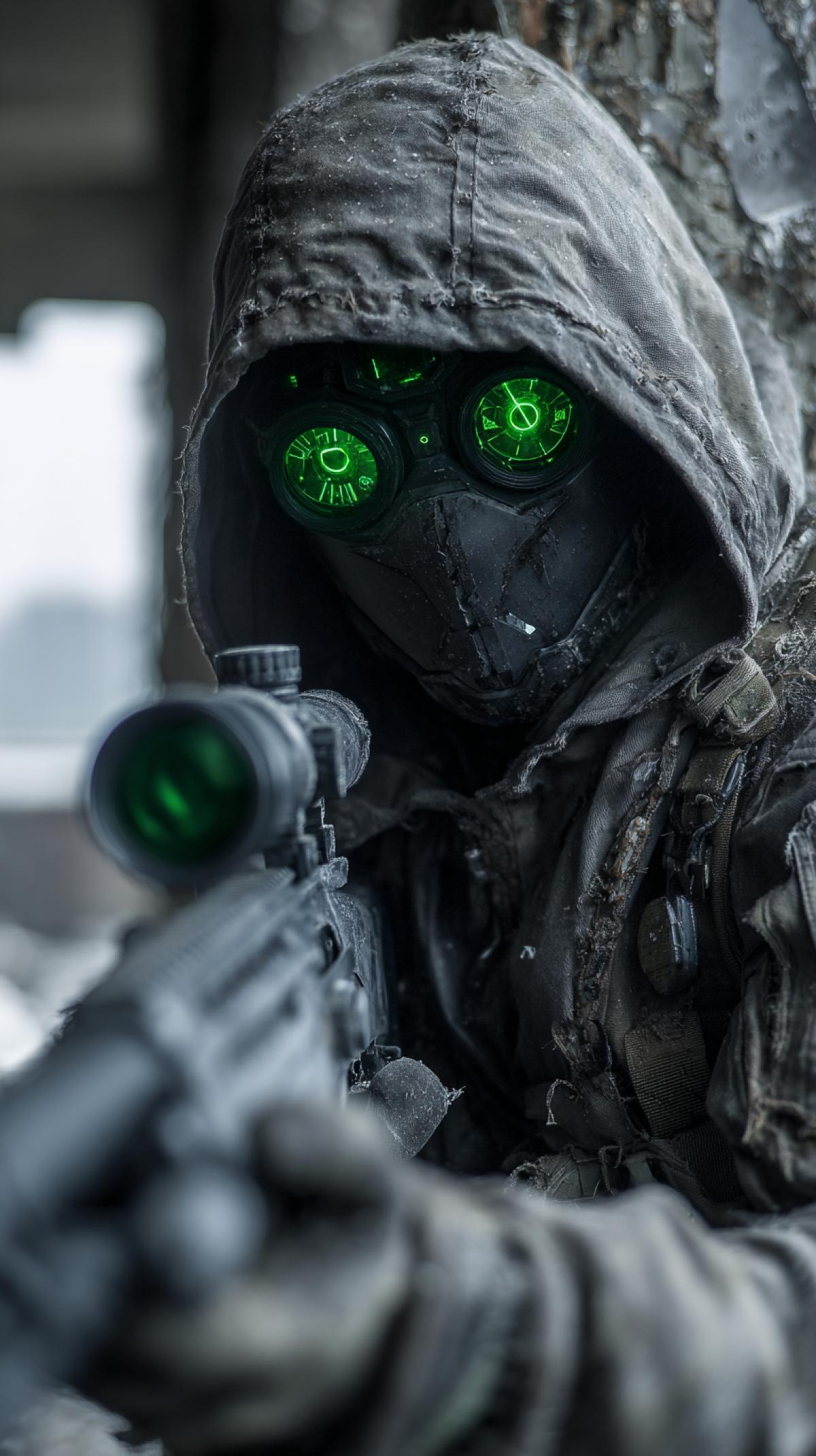 sniper, wearing green-lit sniper goggles, hunting zombies in an abandoned high-rise building, full-length shot, cinematic shot, future 3037, zombie apocalypse