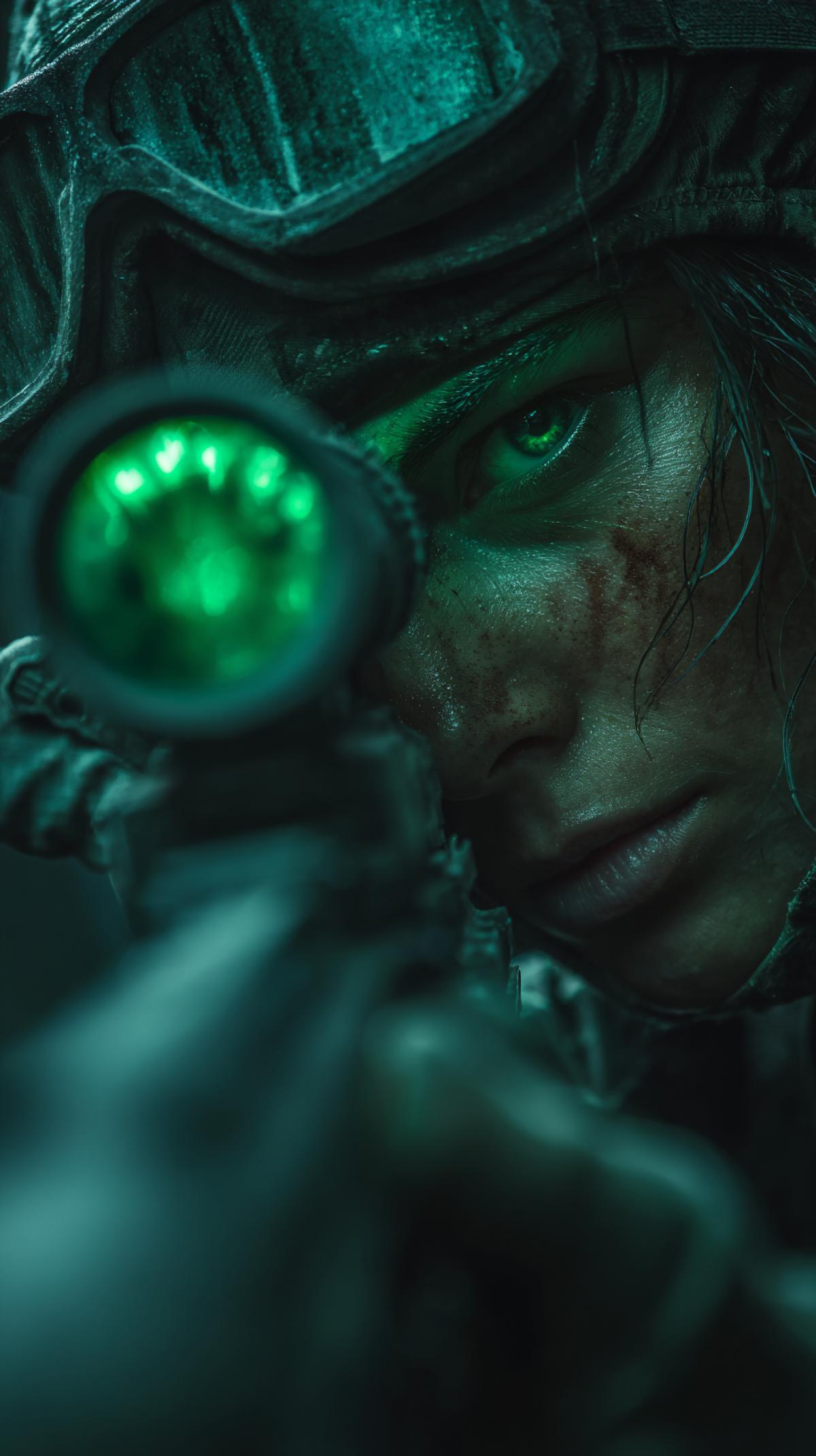 sniper, wearing green-lit sniper goggles, hunting zombies in an abandoned high-rise building, aiming through a scope, cinematic shot, future 3037, zombie apocalypse
