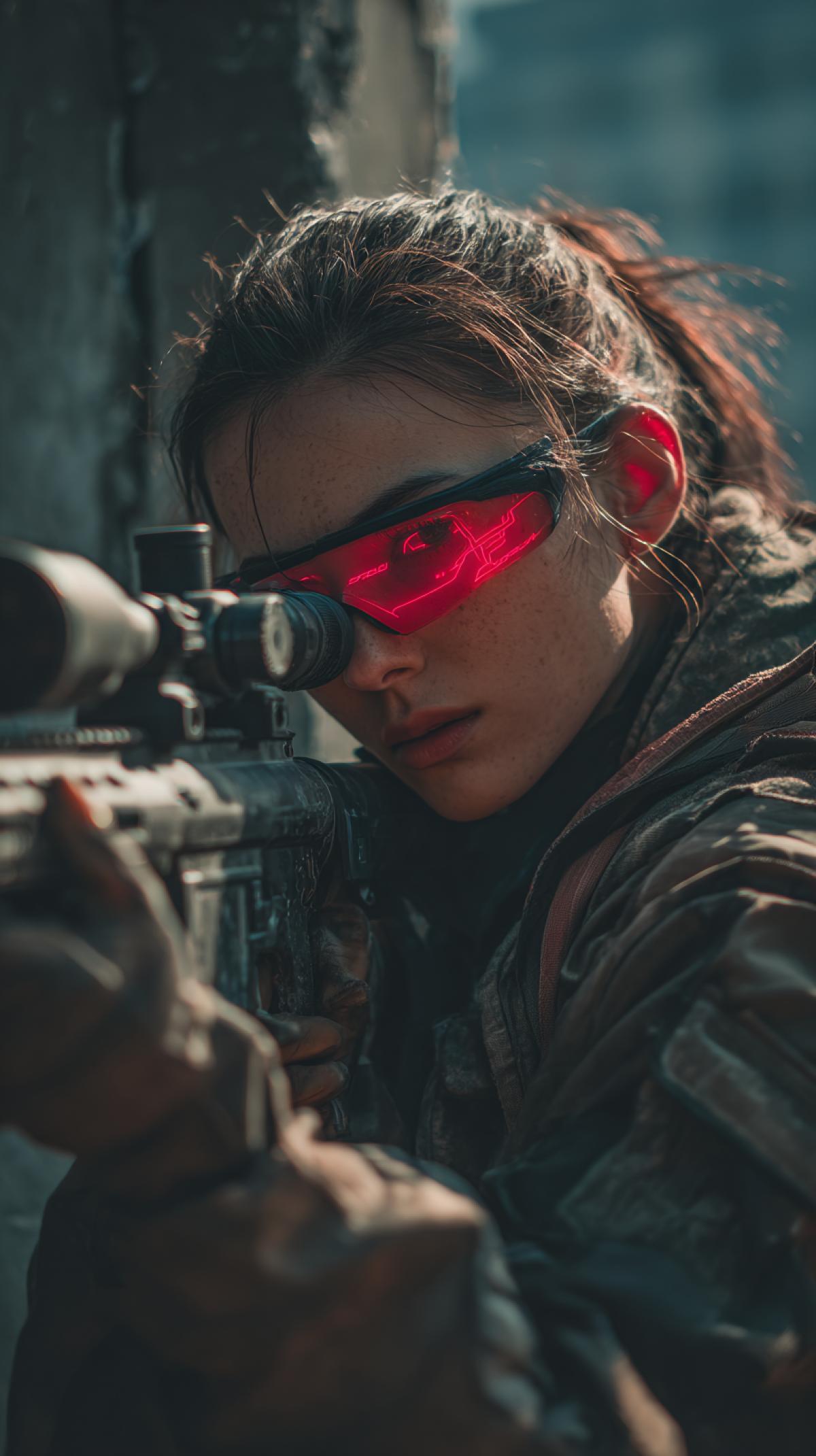 a beautiful young female sniper, wearing neon-lit sniper glasses, in an abandoned high-rise building, aiming a rifle, a cinematic shot, the future of 3037, a post-apocalyptic landscape