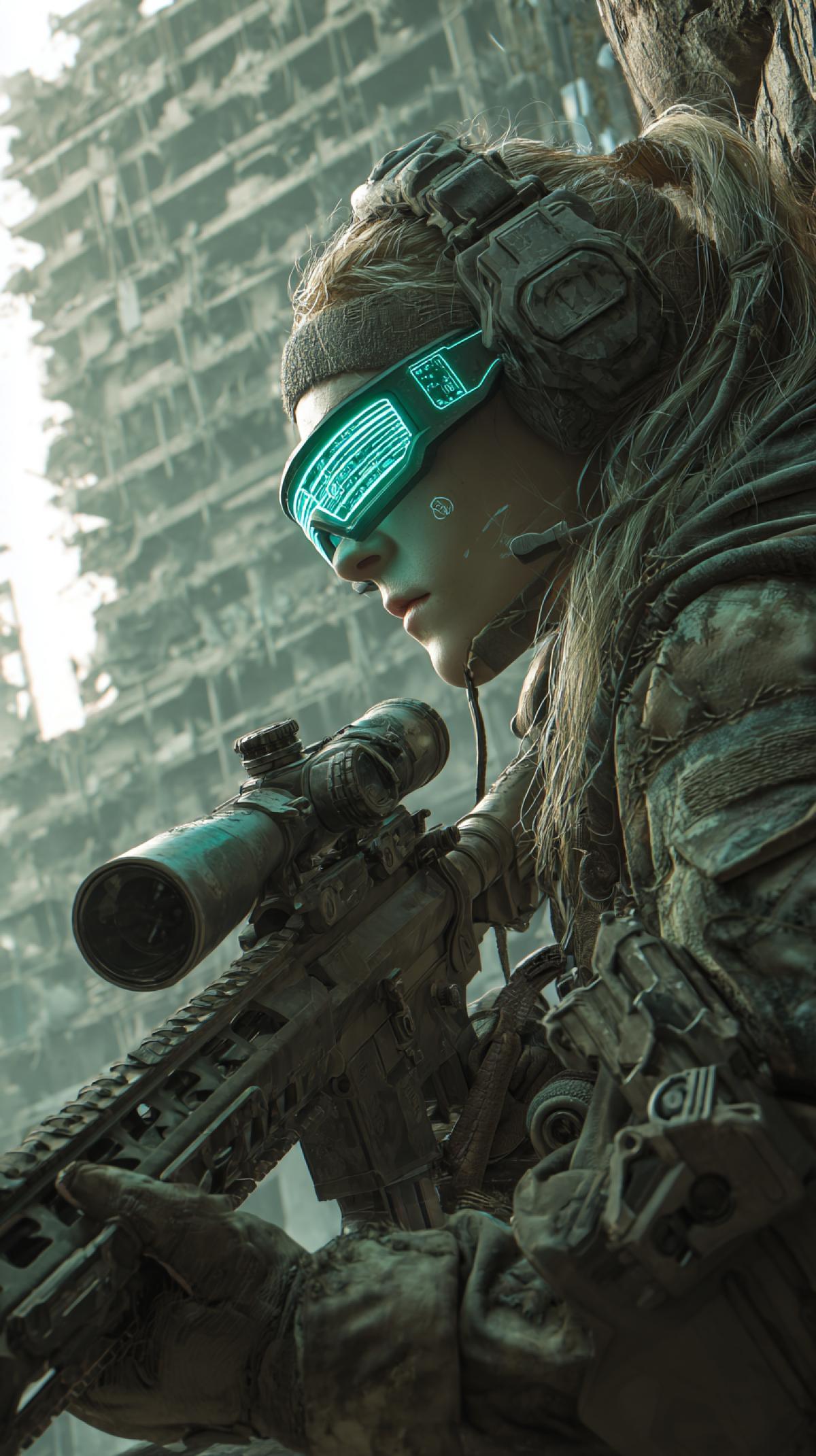 a beautiful young female sniper, wearing neon-lit sniper glasses, in an abandoned high-rise building, aiming a rifle, a cinematic shot, the future of 3037, a post-apocalyptic landscape