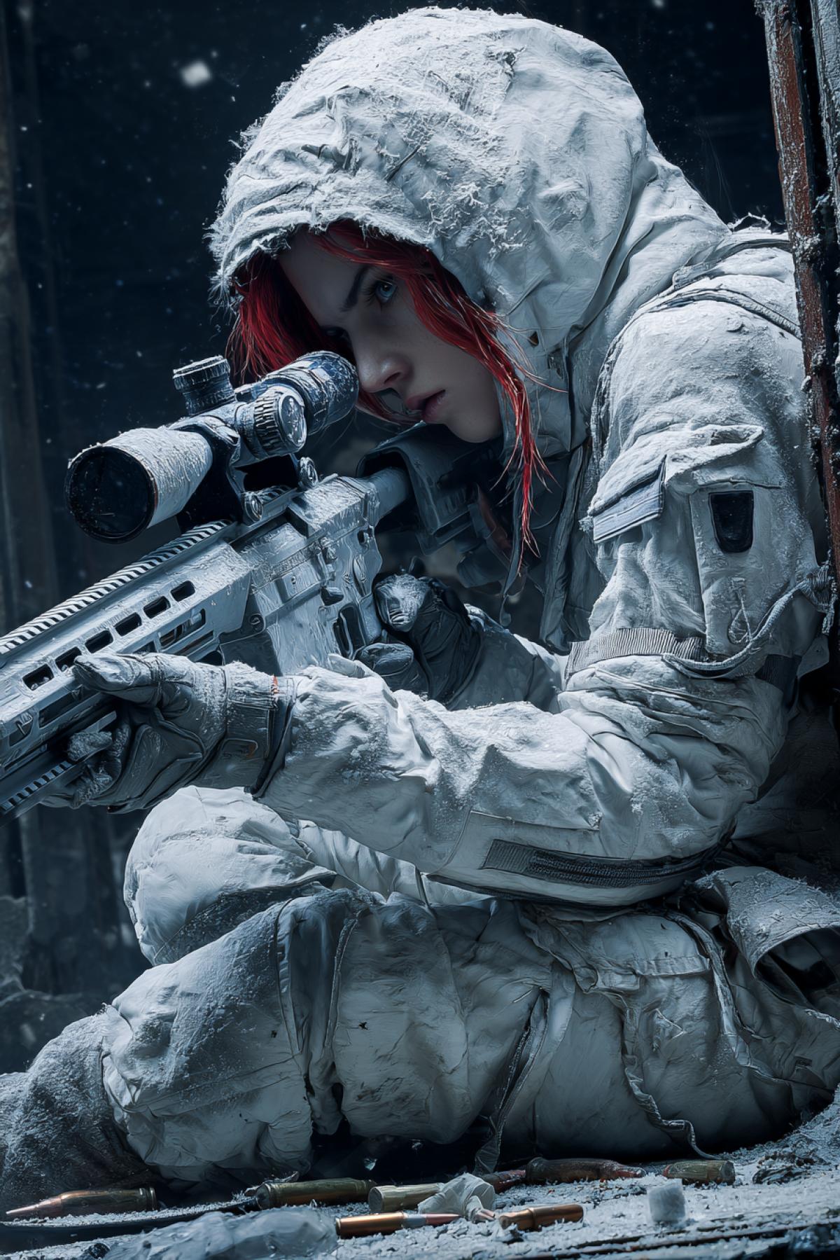 A female sniper in Arctic warfare gear, completely motionless in a frozen urban ruin. Her breath forms icy clouds as she peers through the scope, finger hovering over the trigger. The only color in the scene a single red strand of hair escaping her white hood. Shattered glass and bullet casings gleam on the ground beside her. Hyper-realistic 16K, style of The Division concept art, oppressive silence emphasized by subtle soundwave distortions in the air