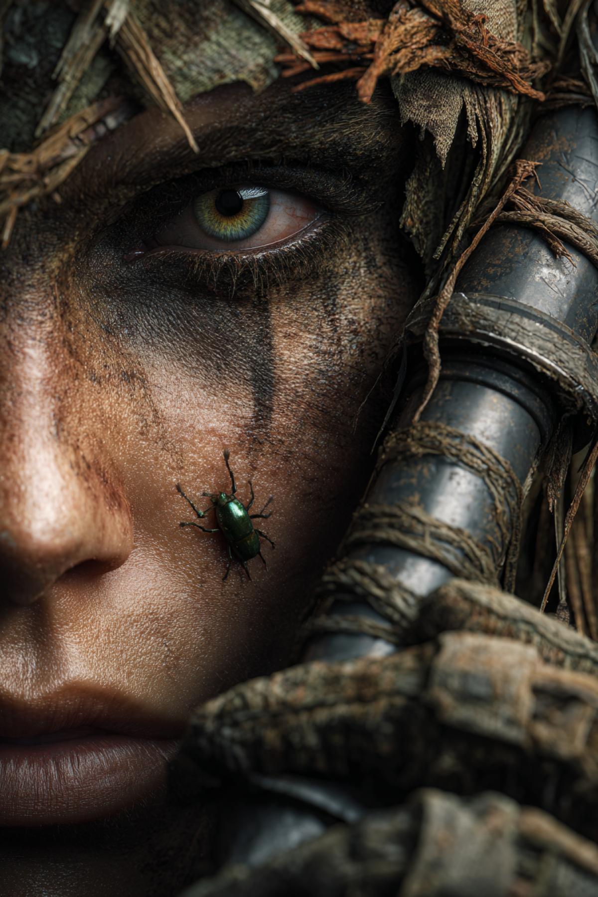 A dark female sniper merged with the savanna her ghillie suit woven with dry grass and animal bones. One eye glints through the scope while a scarab crawls across her rifle barrel. Heat haze distorts the air, masking her 4k. 12K photorealism, National Geographic meets tactical horror, surreal focus on textures: cracked lips, dust on skin, worn leather gloves