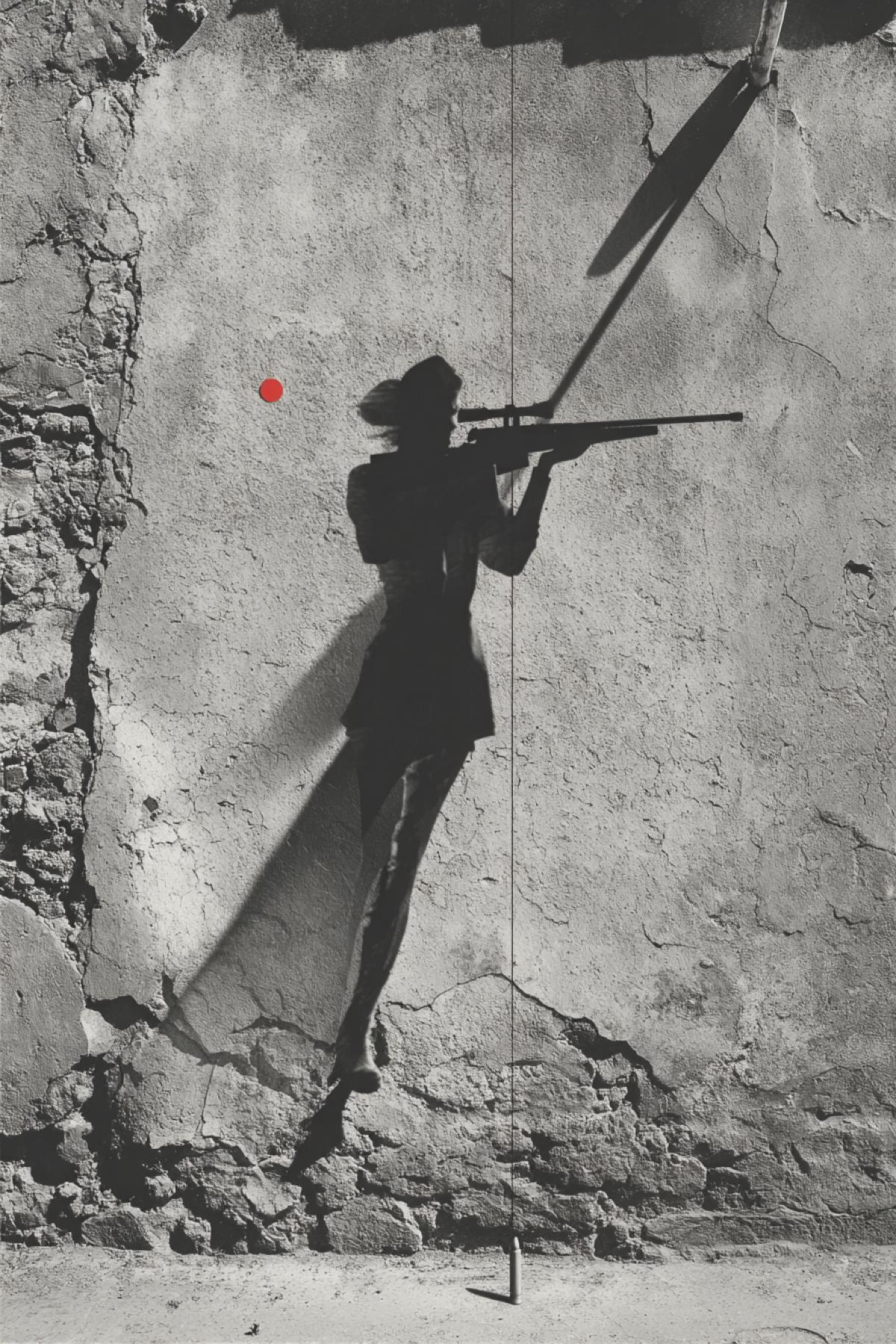 An impossible sniper shot: only the shadow of a woman is visible on the ruined wall, stretching unnaturally long from a single streetlamp. Her rifle’s shadow is aimed at a real target across the street but she herself doesn’t exist in frame. The bullet casing on the ground is real, though. 16K surrealism, style of ‘optical warfare art’, monochrome with one red laser dot on the target.