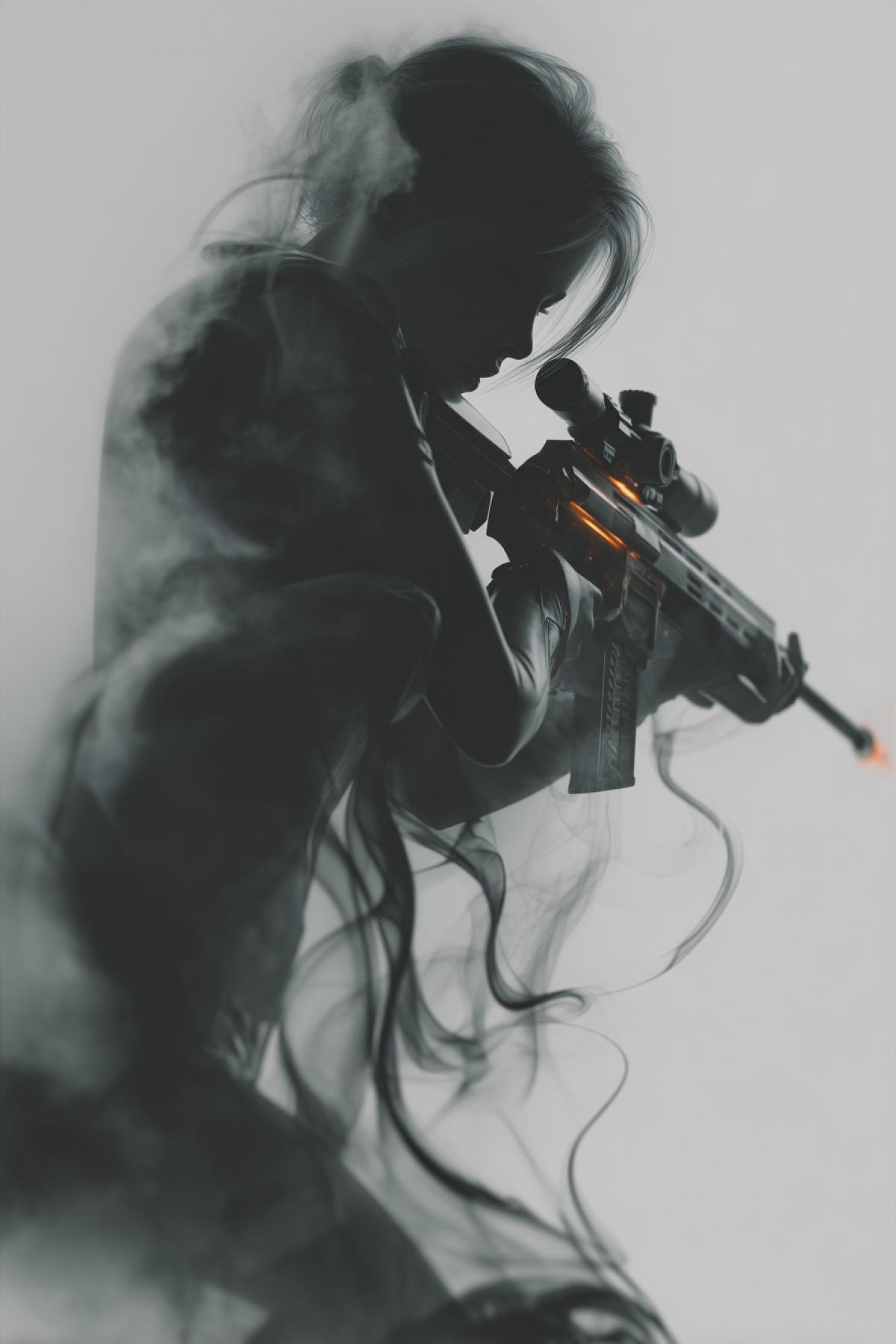 An ethereal female sniper whose dissolves into swirling shadows when stationary only her rifle remains solid. The bullet’s path is visible as a ripple of distorted darkness mid-air. Her target’s terrified face reflects in the scope, but she’s just an outline of dark smoke against the wall. 16K, style of supernatural thriller, monochrome with a single accent: the glowing orange bullet casing ejecting