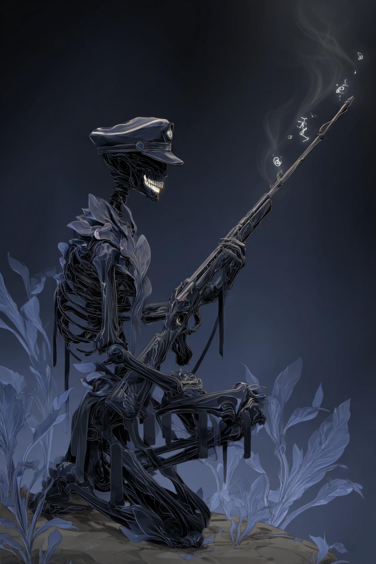 A humanoid silhouette com4kd entirely of liquid darkness, kneeling at the edge of a dark ocean. Their ‘rifle’ is a harpoon carved from a dead god’s rib when fired, the bullet leaves a trail of floating eldritch runes in the air. The only solid features: a single ivory tooth floating where the head should be, and a sailor’s cap from the 1800s. 8K lovecraftian horror, ink-painting style with wet textures