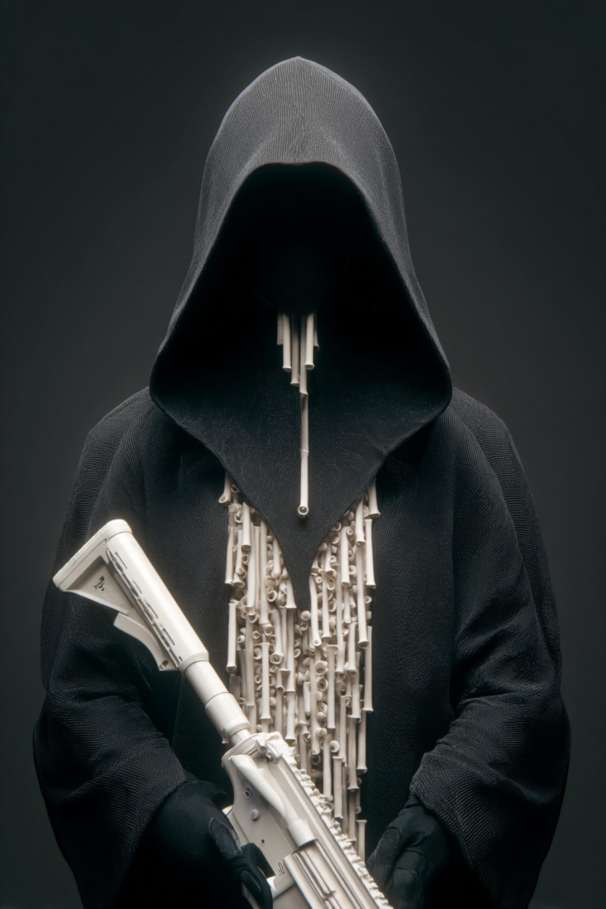 A faceless entity in a soundproof cloak, their ‘rifle’ made of solidified silence (matte dark, absorbing all ambient noise). Bullets are shards of broken music notes where they hit, victims’ mouths stitch shut with ghostly wire. Ultra-detailed 8K, style of ‘Control’ videogame altered items, ASMR horror aesthetic