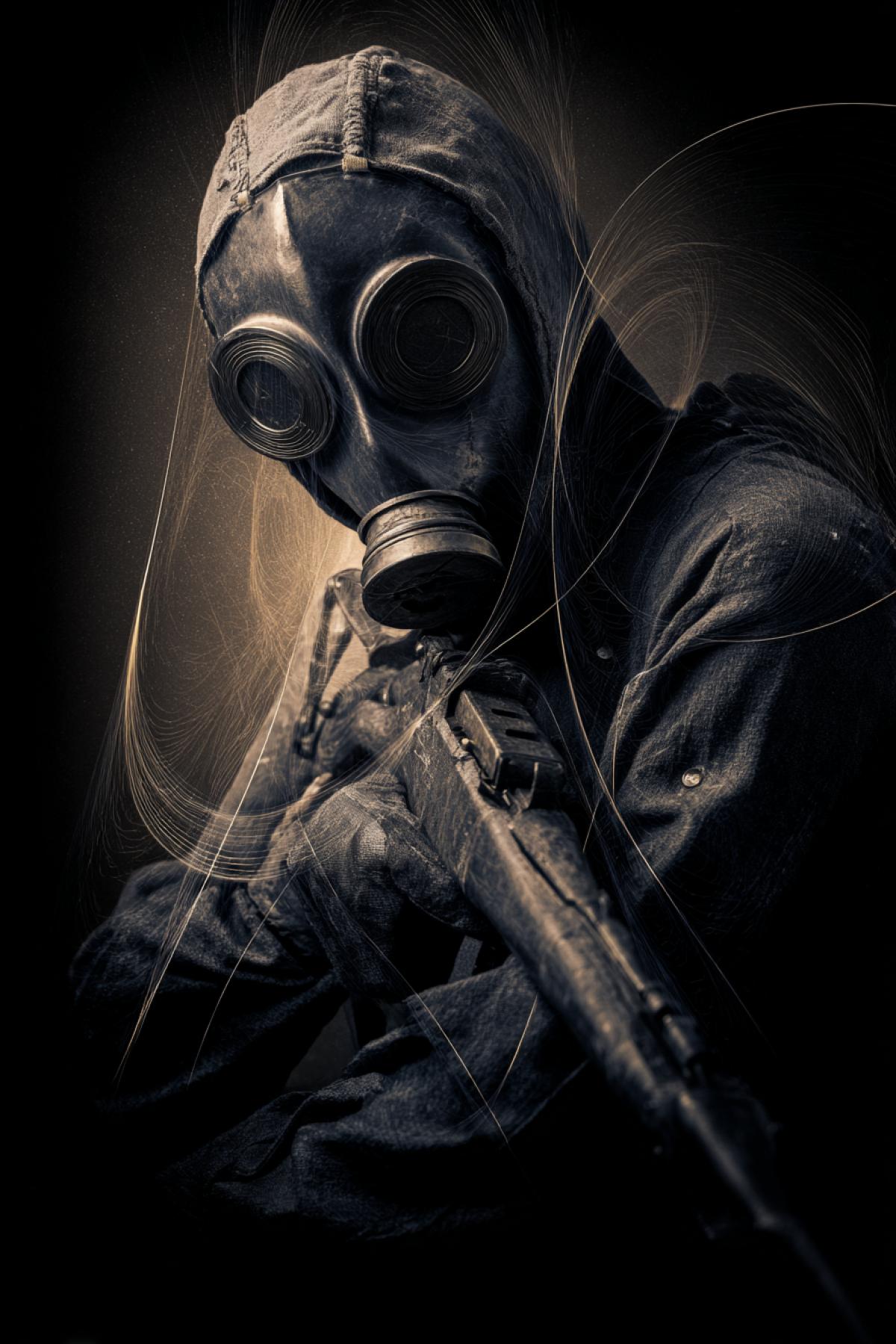 A dark hole given humanoid shape, wearing a WW1 gas mask that endlessly fractures and reassembles. Their rifle is a singularity projector bullets are miniature collapsing stars leaving spiral trails. Background warps around them, light into impossible geometries. 16K astrophysics horror, ‘Interstellar’ meets ‘Event Horizon’, gravitational distortion effects.