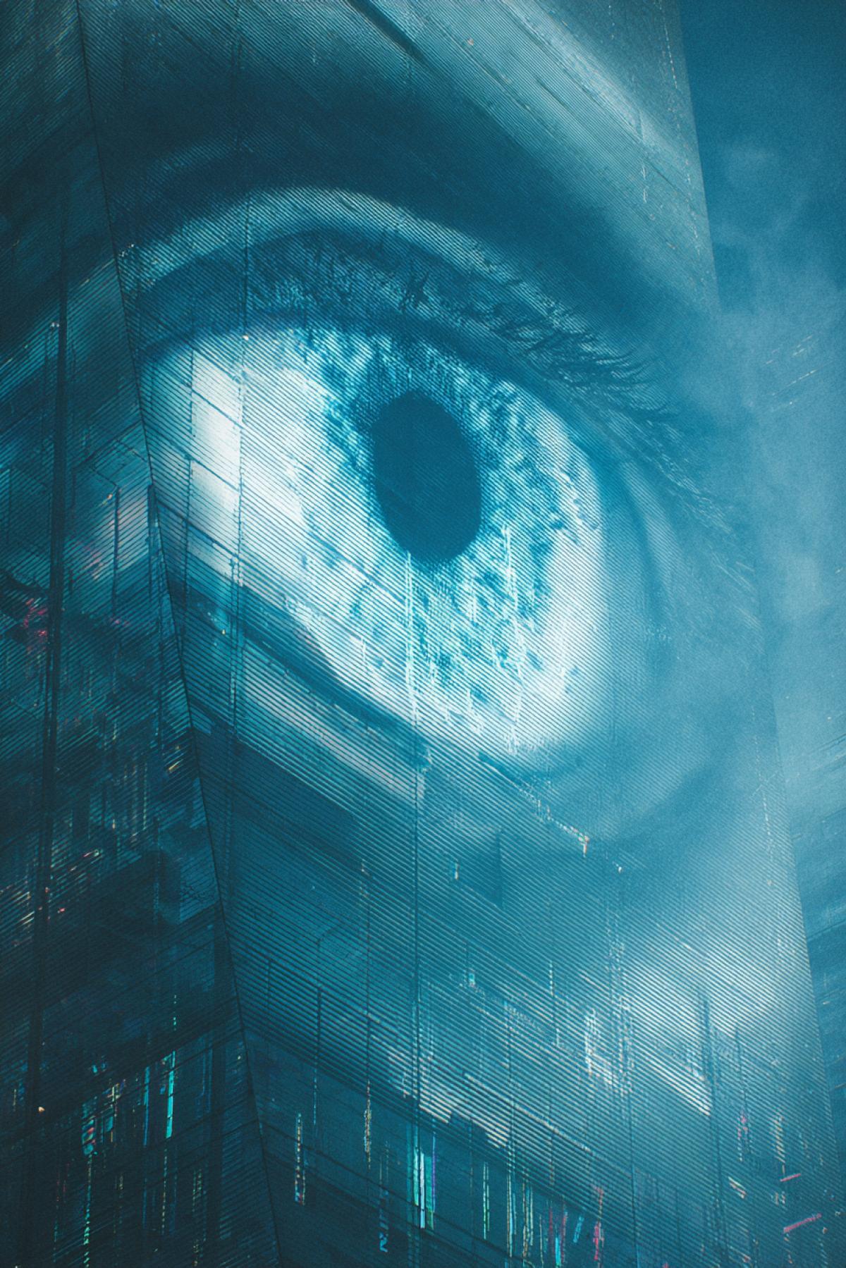 A biomechanical eye the size of a skyscraper, embedded in a neon megacity. Its steel eyelids blink vertically, scanning citizens with laser grids. Where the gaze falls, holographic crime predictions materialize some accurate, some false. 8K cyberpunk dystopia, ‘Blade Runner 2049’ meets ‘Psycho-Pass’, glitching data streams in the air