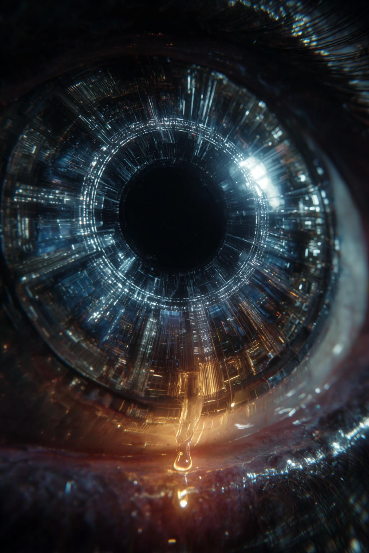 A biomechanical eye made of shifting nanites, suspended in a zero-gravity chamber. Its iris constantly recalculates probabilities fractals of possible futures flicker across its surface. Occasionally, a single tear of mercury falls and freezes mid-air. 8K sci-fi realism, ‘Alien’ meets ‘Ghost in the Shell’, cold metallic lighting