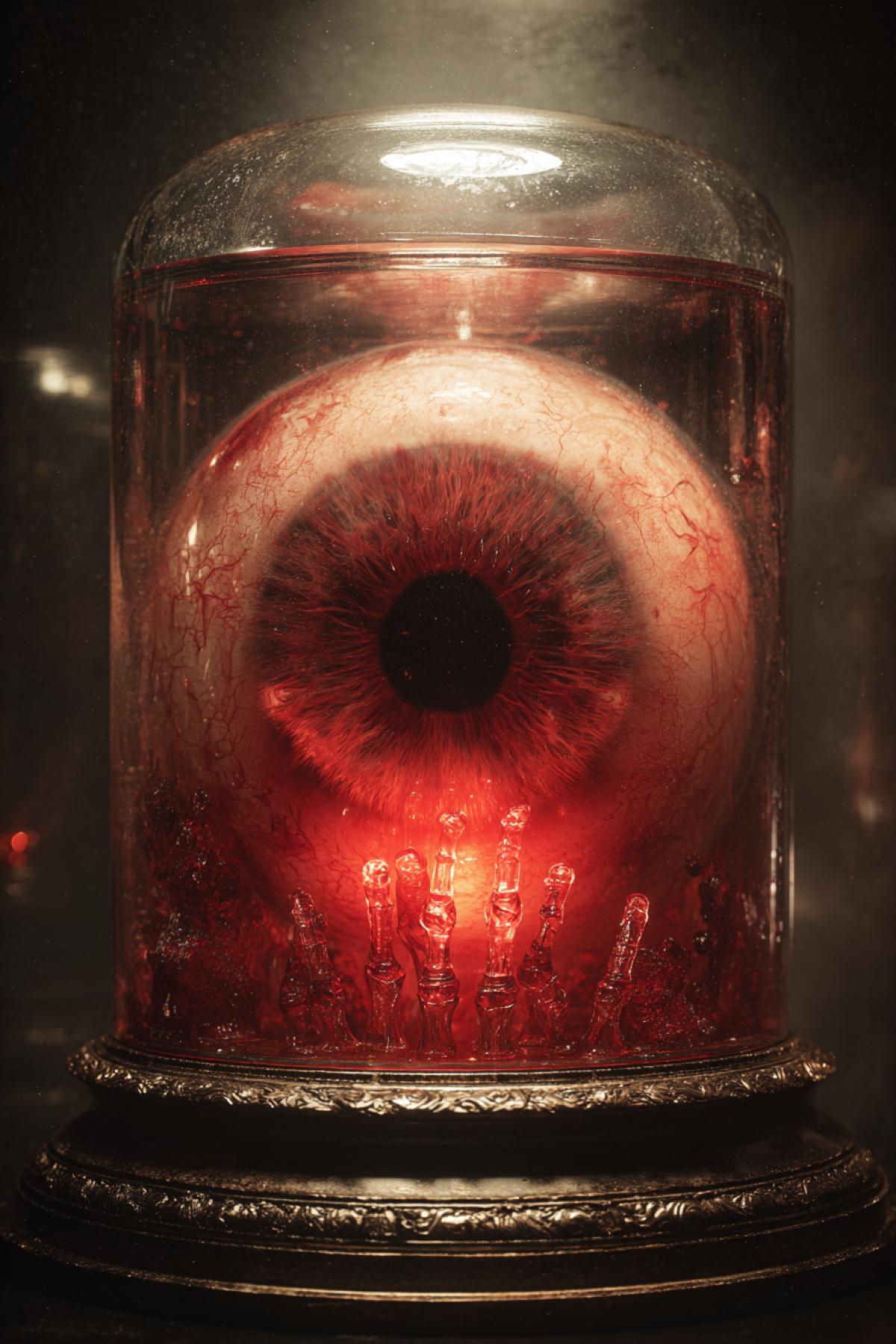 A red liquidshot eye the size of a human head, floating inside a glass reliquary filled with murky fluid. Every 7 seconds, its pupil dilates to reveal a different screaming face. The glass is covered in handprints some ancient, some fresh. 12K gothic horror, style of ‘Hellraiser’ meets Victorian anatomy models, wet organic textures