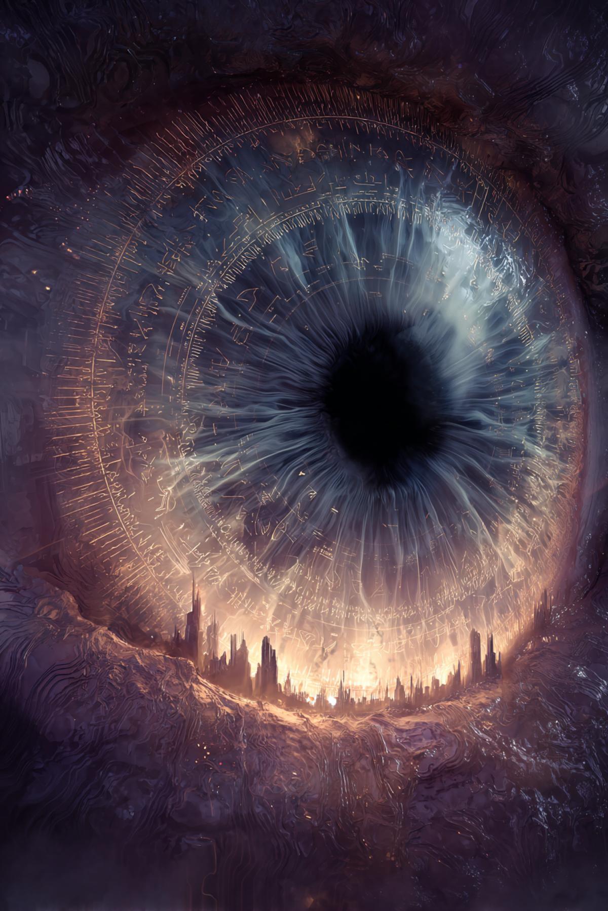 An ancient eye suspended in a void between dimensions, its iris a swirling portal to countless realities. The sclera is etched with glowing runes that rewrite themselves as it observes. Instead of eyelashes creeping tendrils of shadow, grasping at unseen forces. Deep within the pupil, faint silhouettes of those it watches flicker like candle flames. 16K dark fantasy, style of occult m4kcript illuminations, volumetric mist, and hyper-detailed organic textures