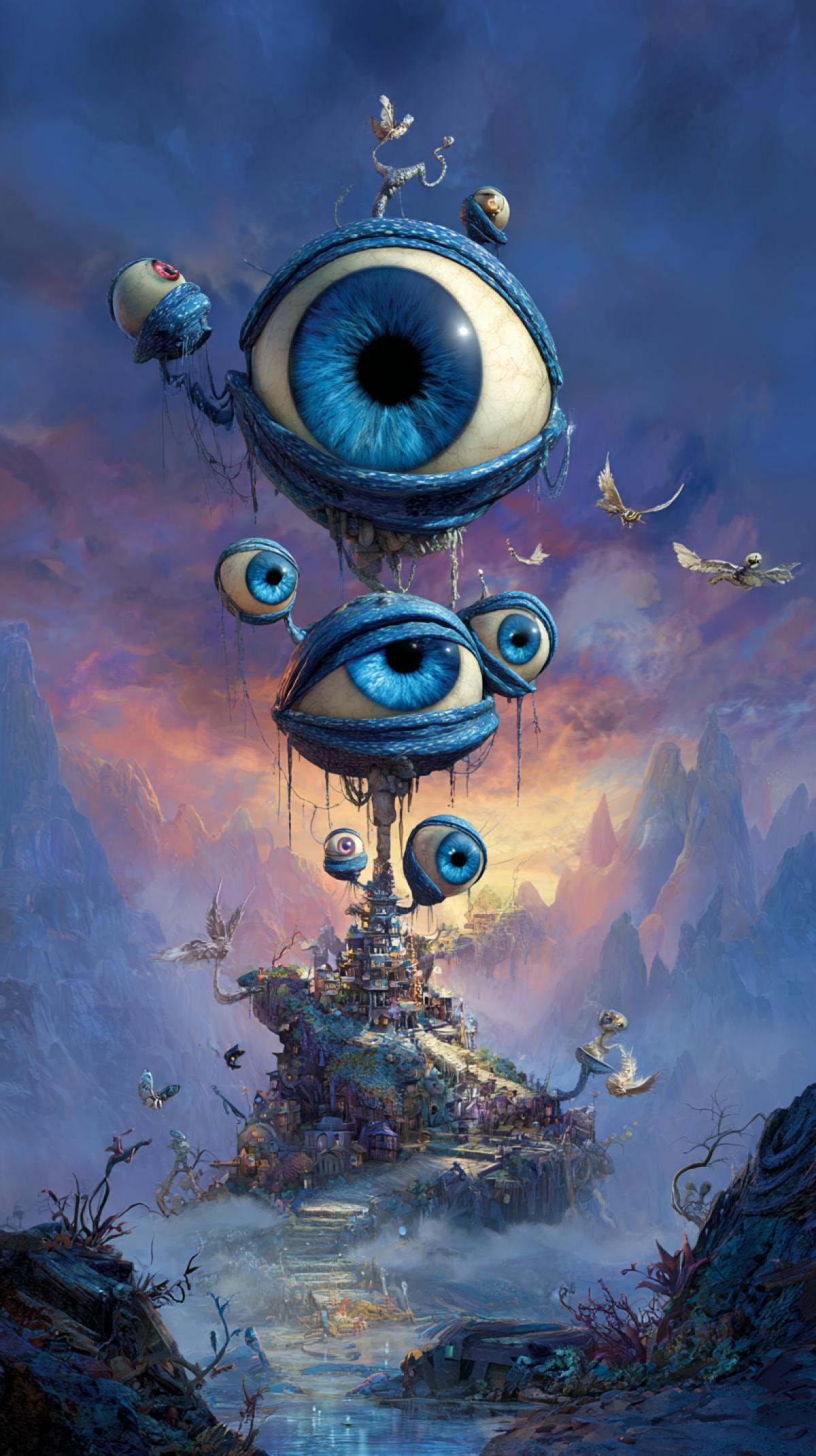 A monster in the form of eyes with processes throughout the in the form of eyes, which observe everything and everything, Kenai, Disney Pixar Surrealism