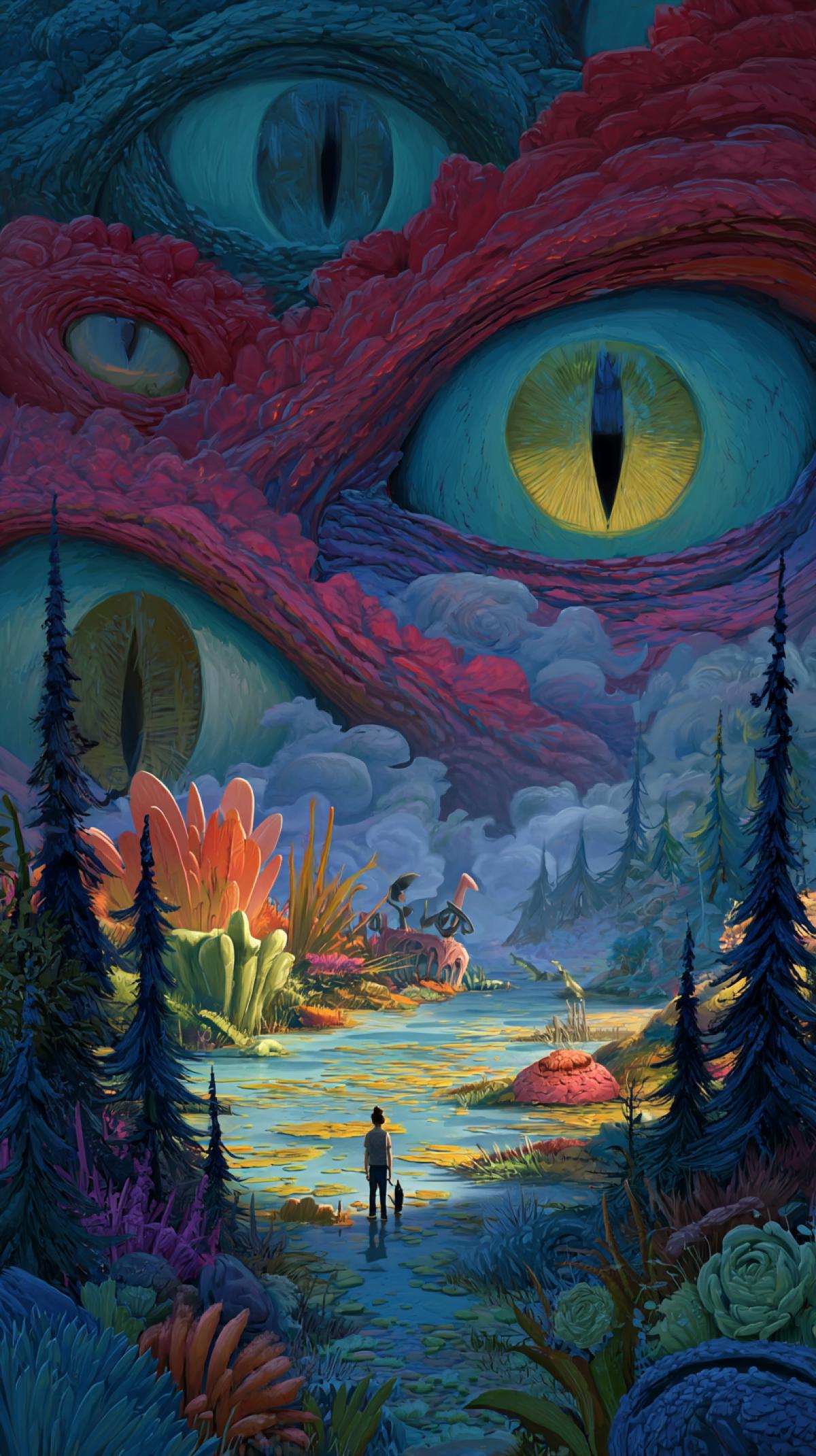 A monster in the form of eyes with processes throughout the in the form of eyes, which observe everything and everything, Kenai, Disney Pixar Surrealism