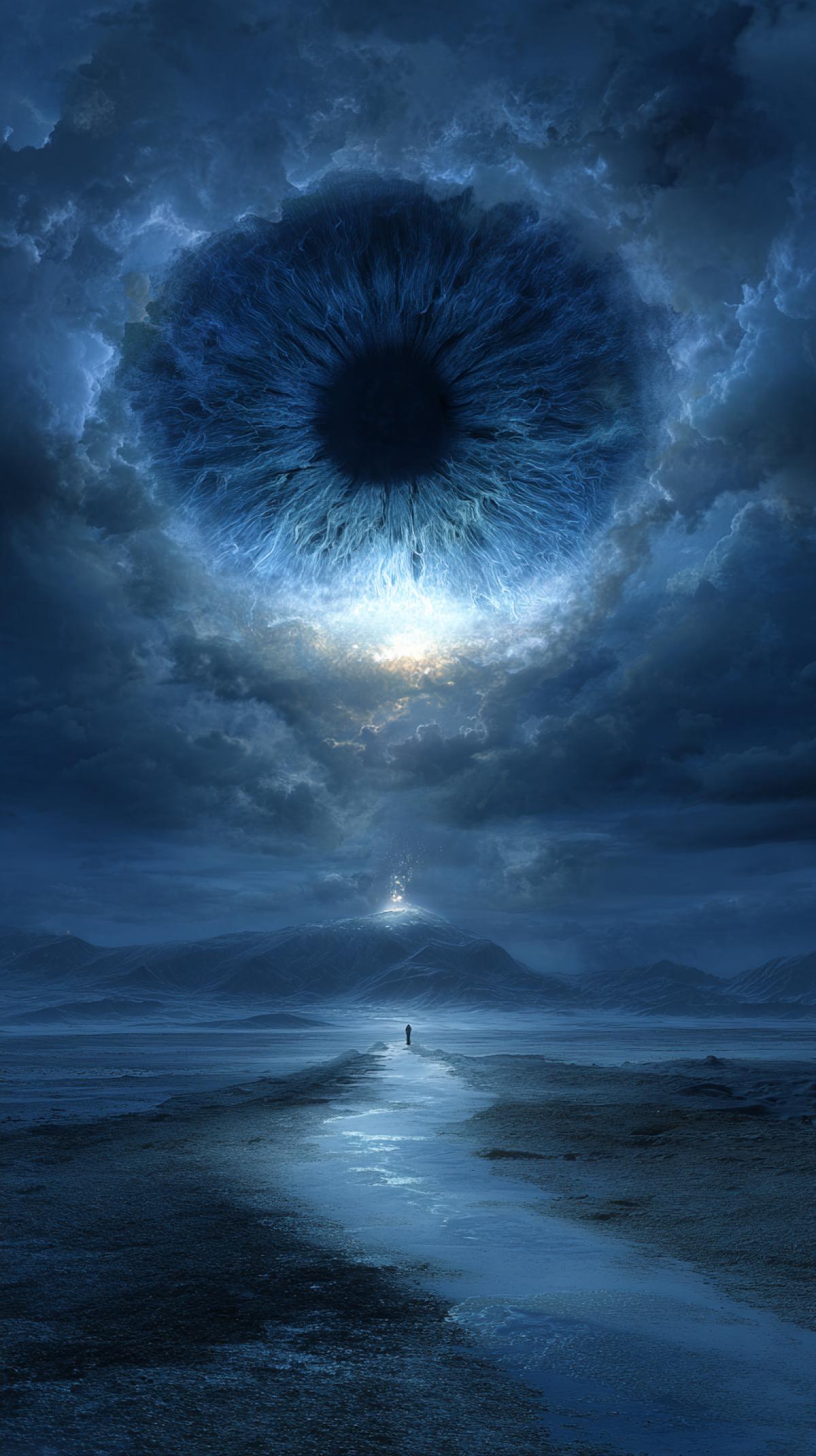 A large eye in the sky with storm clouds above it, illuminating the ice desert landscape below, in the style of fantastic art, with a dark blue and light blue tones, a surreal atmosphere and a mysterious night scene with a mysterious expression and fog. This is in a high definition, demonstrating complex details and dramatic lighting. . A large eye in water in the sky surrounded by dark clouds and snowy terrain below. The scene includes a winding path leading to an ominous figure with luminous eyes. It was created using photorealistic methods and dark shades. The feeling of riddle fills the air, because it seems that something significant will show itself soon. This work of art causes a sense of fear or anxiety from his ominous presence.