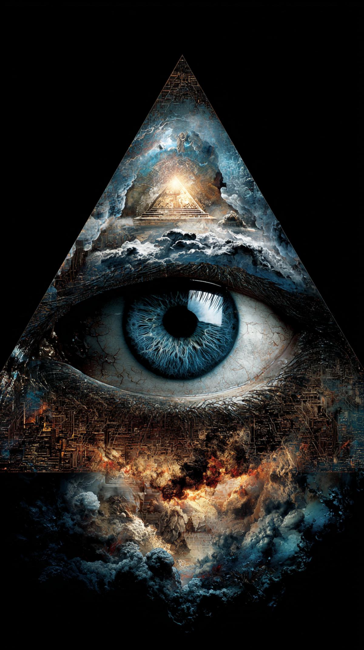 a big all-seeing eye in a triangle, control over civilization, a global conspiracy, Freemasonry, looks a little creepy and frightening, Photoshop, dramatic colors