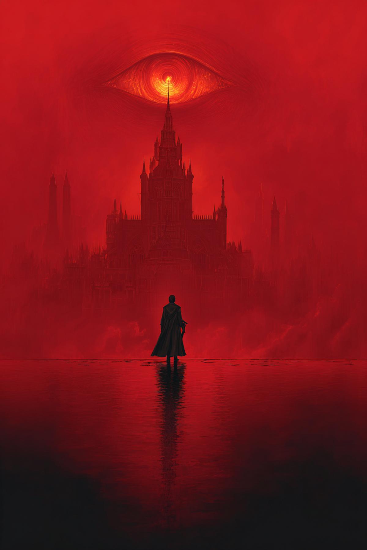 Design a , cinematic scene focusing on a lone wanderers confrontation with an otherworldly threat. Draped in a long, shadow-dark cloak, the figure stands resolute before an imposing, alien cathedral that pierces the red liquid-soaked, crimson sky. Above, a single, malevolent red eye burns with an unblinking gaze, its light reflecting ominously in the wanderers determined stance. The entire environment hums with a surreal, desolate energy, hinting at a grander, untold story.