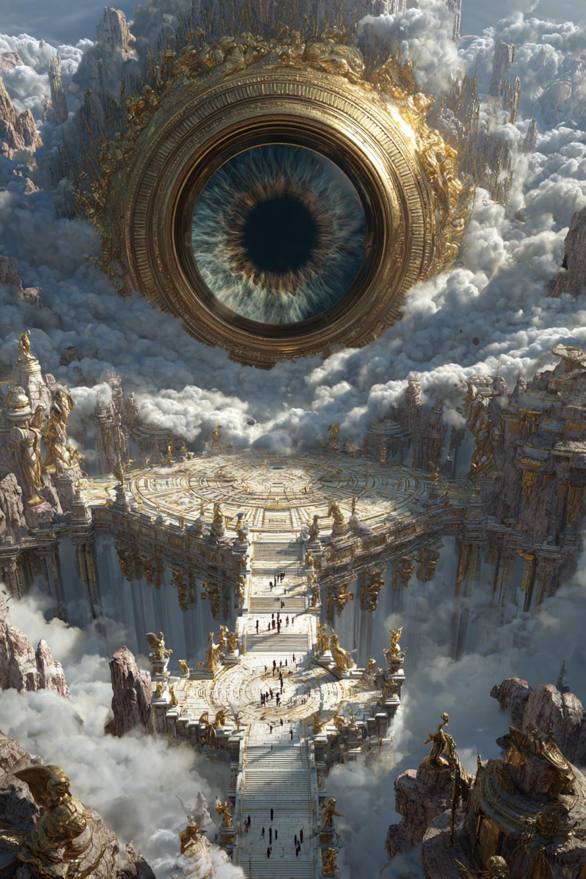 a colossal all-seeing eye floating above an ancient temple in the clouds, surrounded by swirling golden mist and crumbling statues of forgotten gods, hyper-detailed, cinematic lighting, majestic, divine presence, high fantasy style