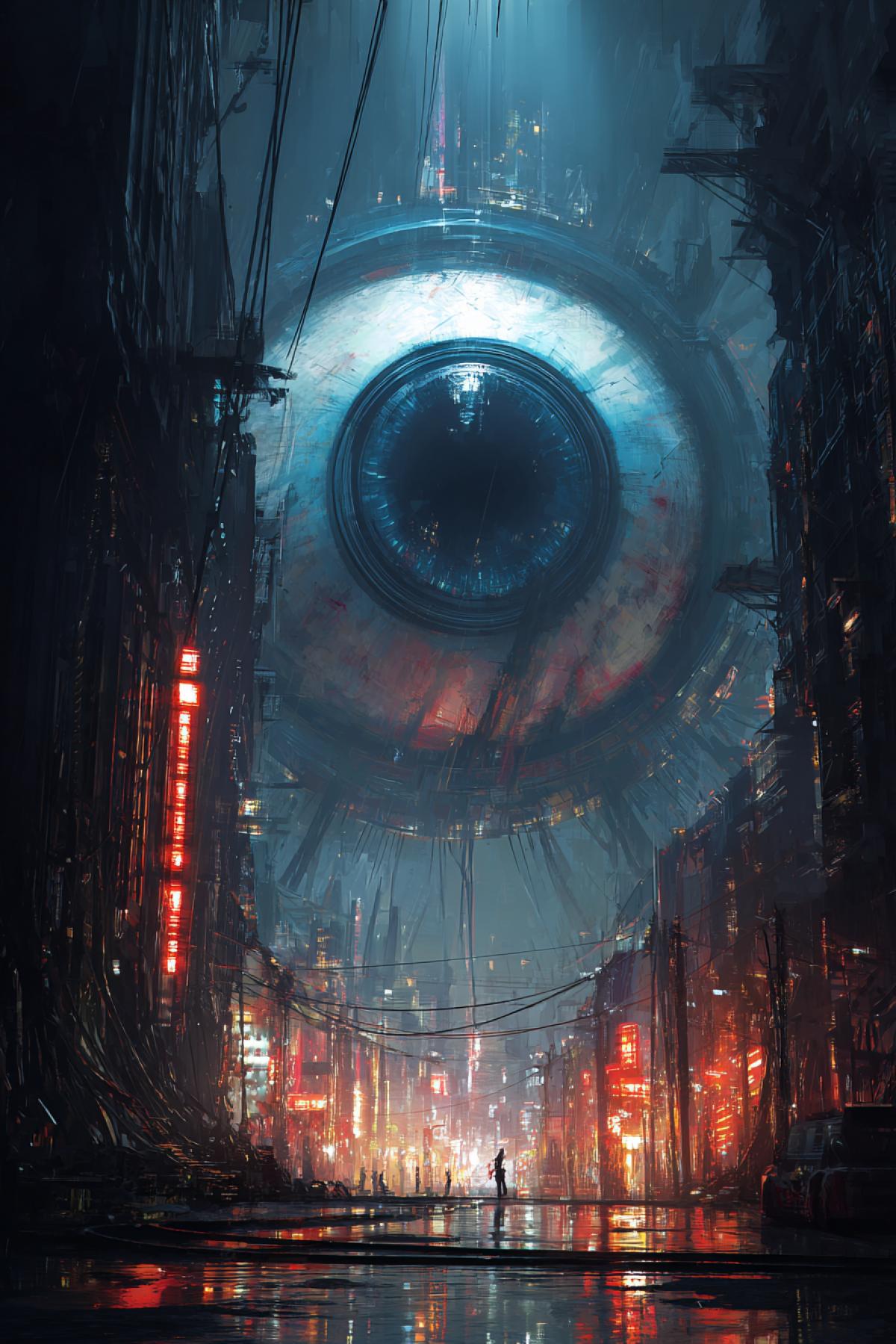 big mechanical all-seeing eye embedded in a cyberpunk city skyline, neon reflections, rain-soaked streets, glowing cables and data streams radiating from the eye, surreal architecture, moody atmosphere, detailed sci-fi style