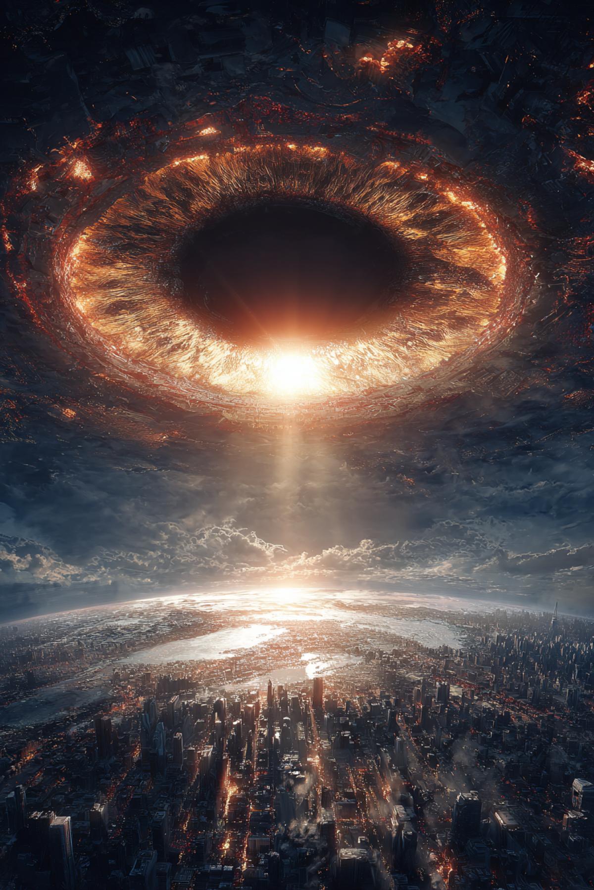 a massive all-seeing eye in the sky, covering the horizon like a second sun, casting light beams over a devastated earth, scorched cities and cracked ground below, epic scale, godlike presence, hyper-realistic, cinematic lighting
