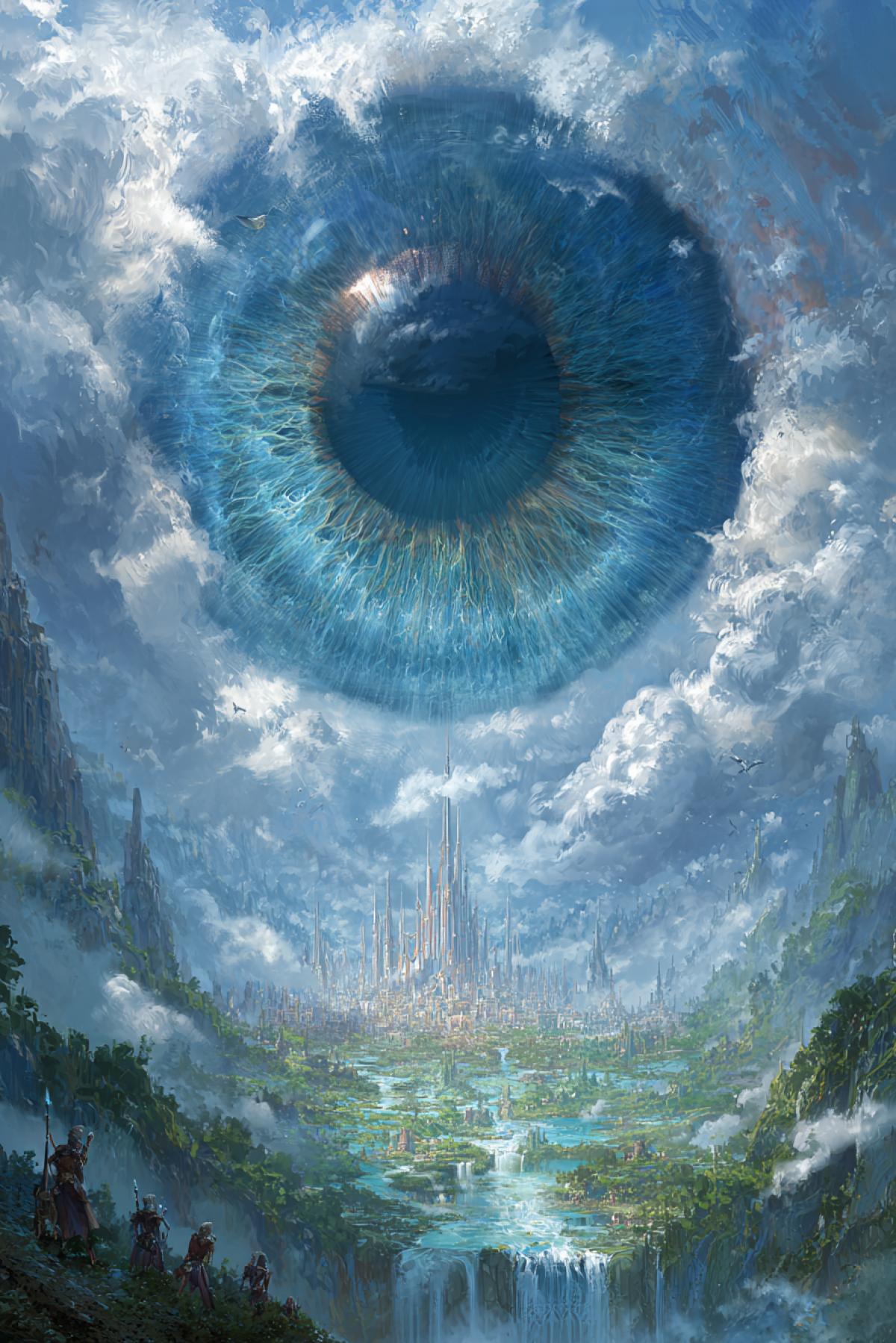enormous ethereal eye hovering over an elven world, silver forests, crystal towers, glowing waterfalls, enchanted creatures watching from below, sky filled with swirling magical clouds, dreamlike and majestic, fantasy concept art