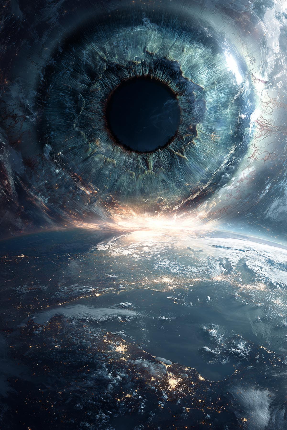 colossal eye orbiting above the Earth, seen from space, the planet glowing below, continents and oceans visible, the eye emitting waves of energy and light, surreal cosmic scale, divine surveillance, detailed space art