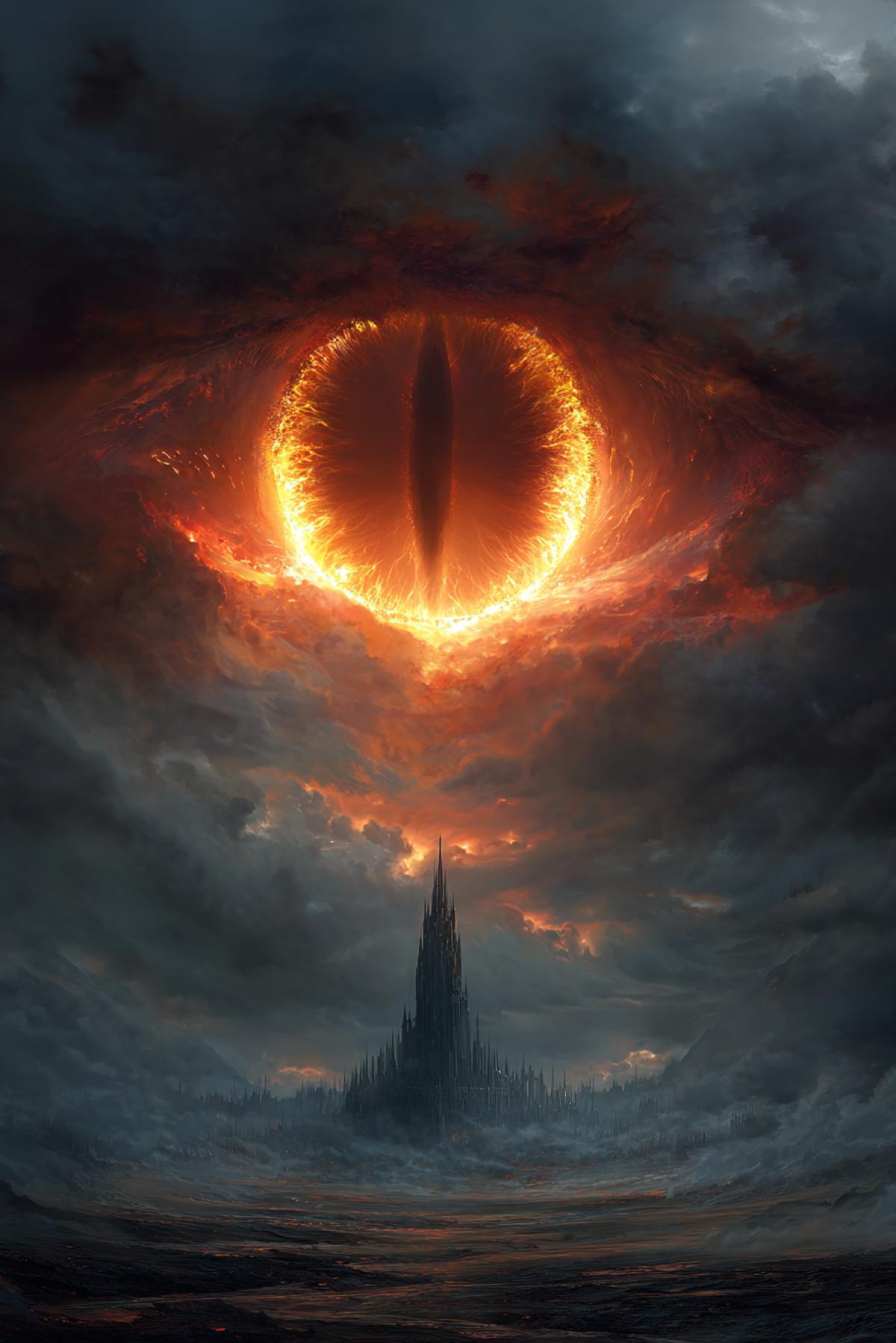 a fiery all-seeing eye burning in the sky above a dark fortress tower, endless barren land below, thunderclouds swirling around, armies of shadows gathering, evil presence, inspired by Sauron, epic dark fantasy, ultra-detailed