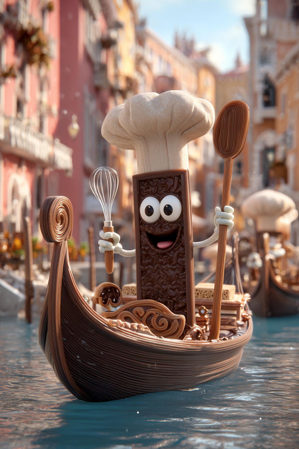 A whimsical Pixar style hybrid creature: half Venetian gondola, half chocolatier. Its entire is a smooth, chocolate-colored boat with a curved hull, but with humanoid featuresfriendly cartoon eyes on the front, a chef’s hat made of a folded gondola prow, and white-gloved hands holding a big whisk and a chocolate bar. The back is textured like a chocolate slab with visible cocoa bean details, and caramel swirls form decorative accents. Instead of oars, it has oversized mixing spoons. The creature floats happily in a candy-colored Venetian canal, with buildings in the background resembling stacked desserts (tiramisu towers, biscuit bridges). Warm, soft lighting, vibrant but cozy colors, ultra-detailed textures, and a playful Pixar-esque charm. Stylized 3D render with exaggerated proportions and expressive, heartwarming personality.
