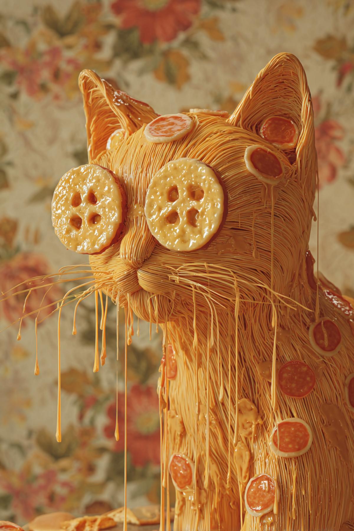 A melted orange cat with cheese wheels for eyes, its oozing like hot mozzarella. Spaghetti strands instead of whiskers, tiny pepperoni slices as paw pads. The background looks like a nonnas kitchen wallpaper floral, but slightly greasy. 8K absurd meme style, Italian Brainrot aesthetic, hyper-detailed cheese textures