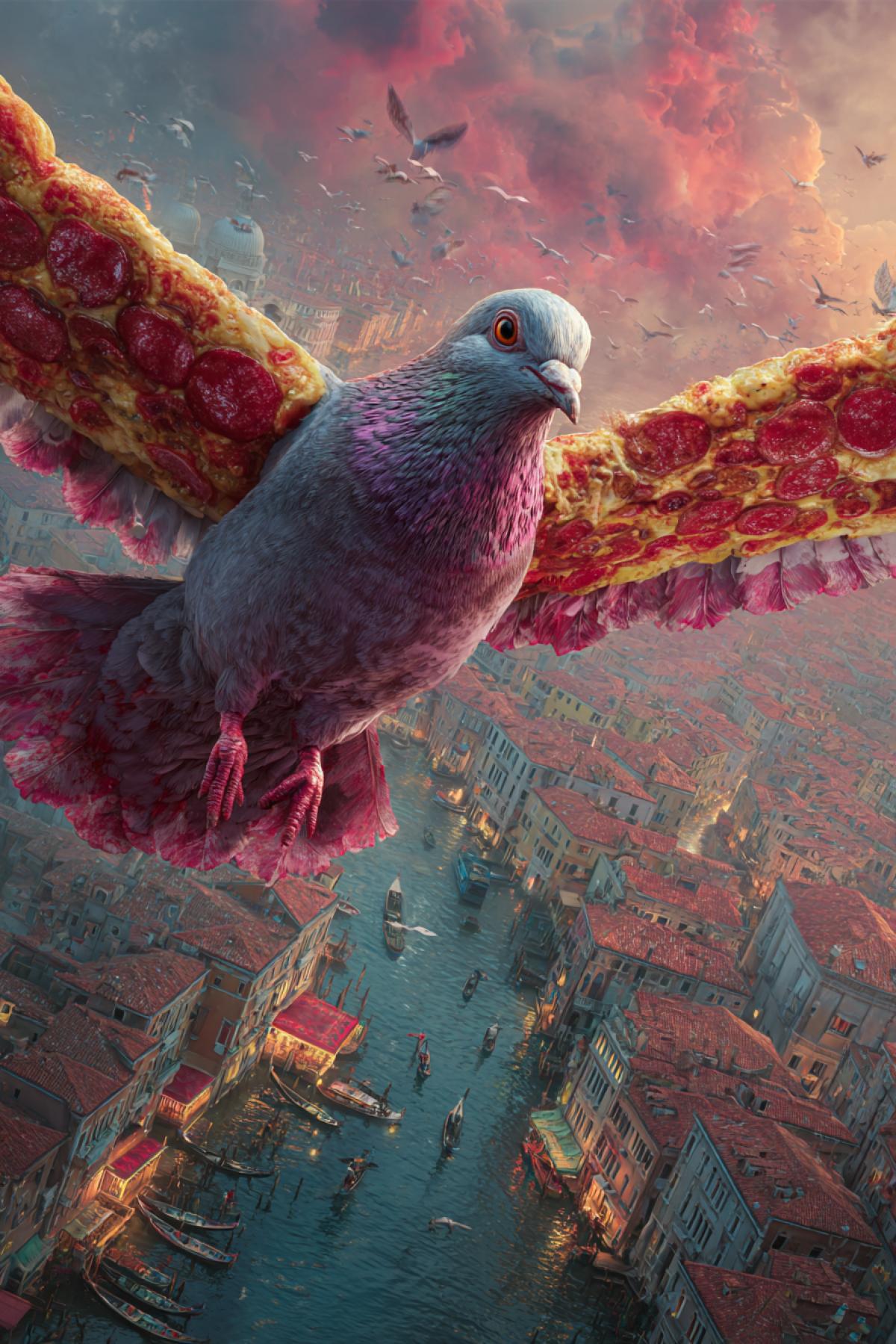 A fat pigeon with a pizza crust , pepperoni feathers, and melted cheese wings. Its beak is a garlic breadstick, eyes are dark olives. Flying over a Venice cfilled with marinara sauce. 4K meme surrealism, AI-generated Italian chaos style, vibrant colors
