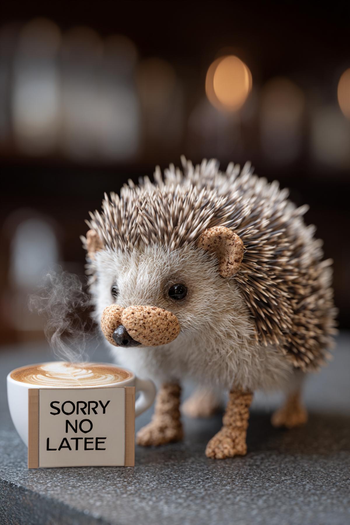 A hedgehog with coffee bean spines, its face is a frothy cappuccino cup (complete with foam mustache). Tiny biscotti legs, steam rising from its back. Standing on a bar counter next to a SORRY NO LATTE sign. 12K absurdist style, Italian Starbucks horror.